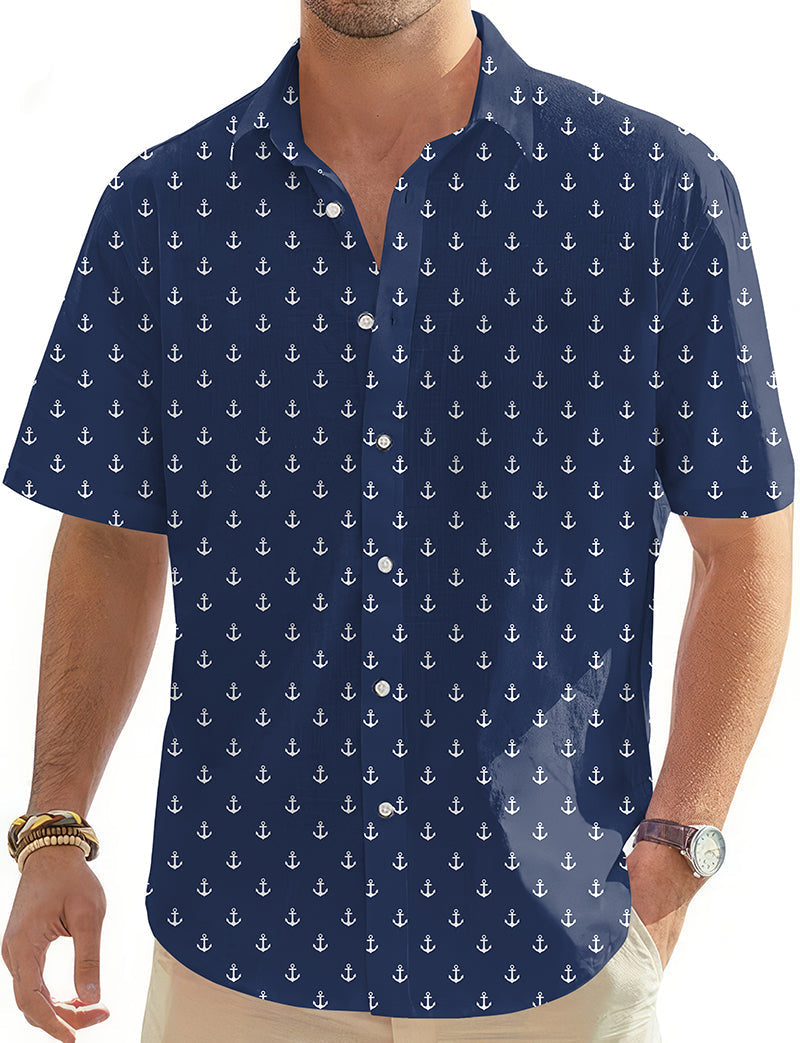 Dark blue men's golf shirt with white anchor print button-down short sleeve Hawaiian style