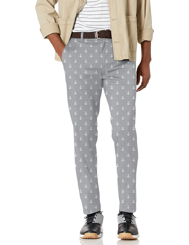 Men's light gray anchor print stretch golf pants with moisture-wicking fabric and active waistband