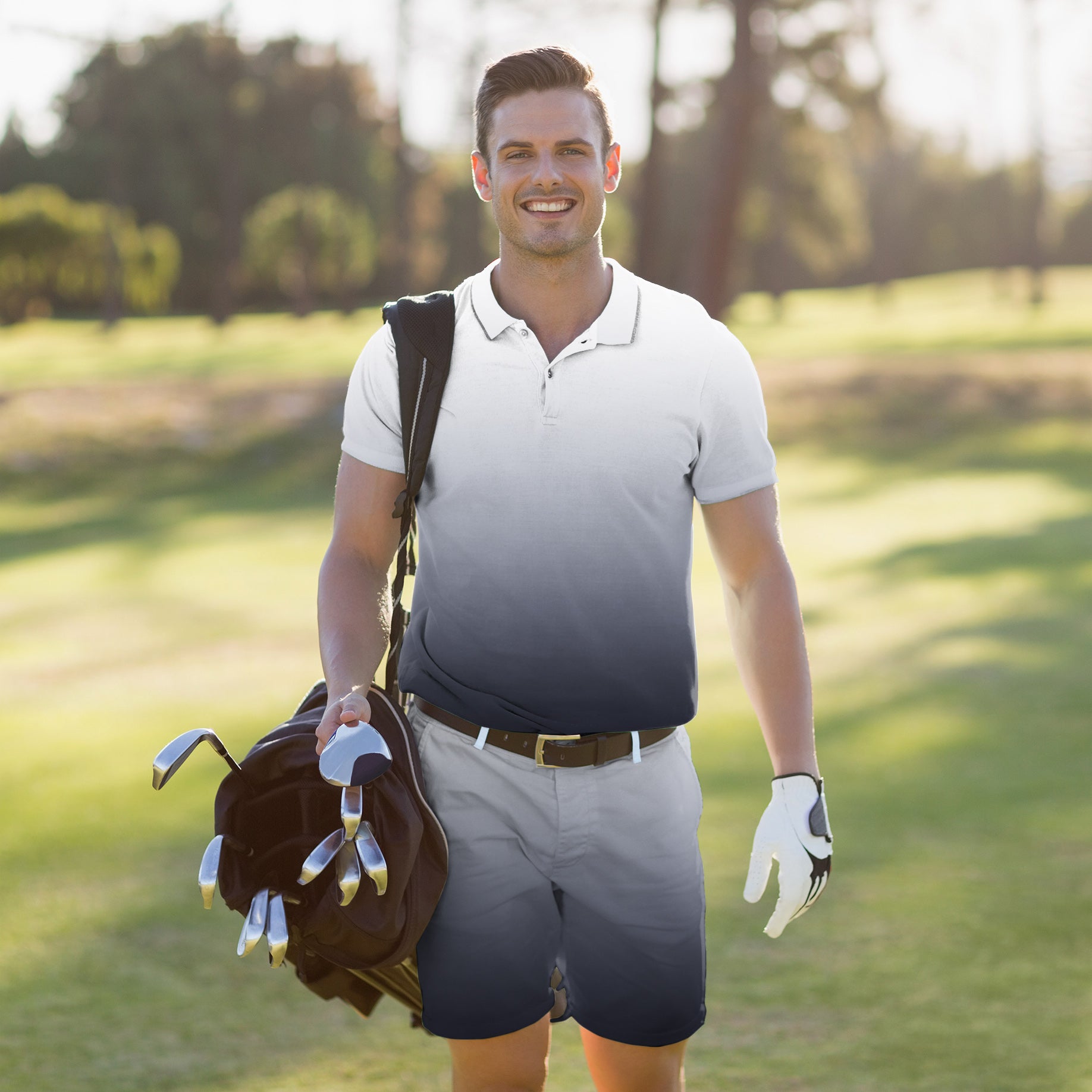 Men's Golf Set Polo+Shorts Black And White Gradient
