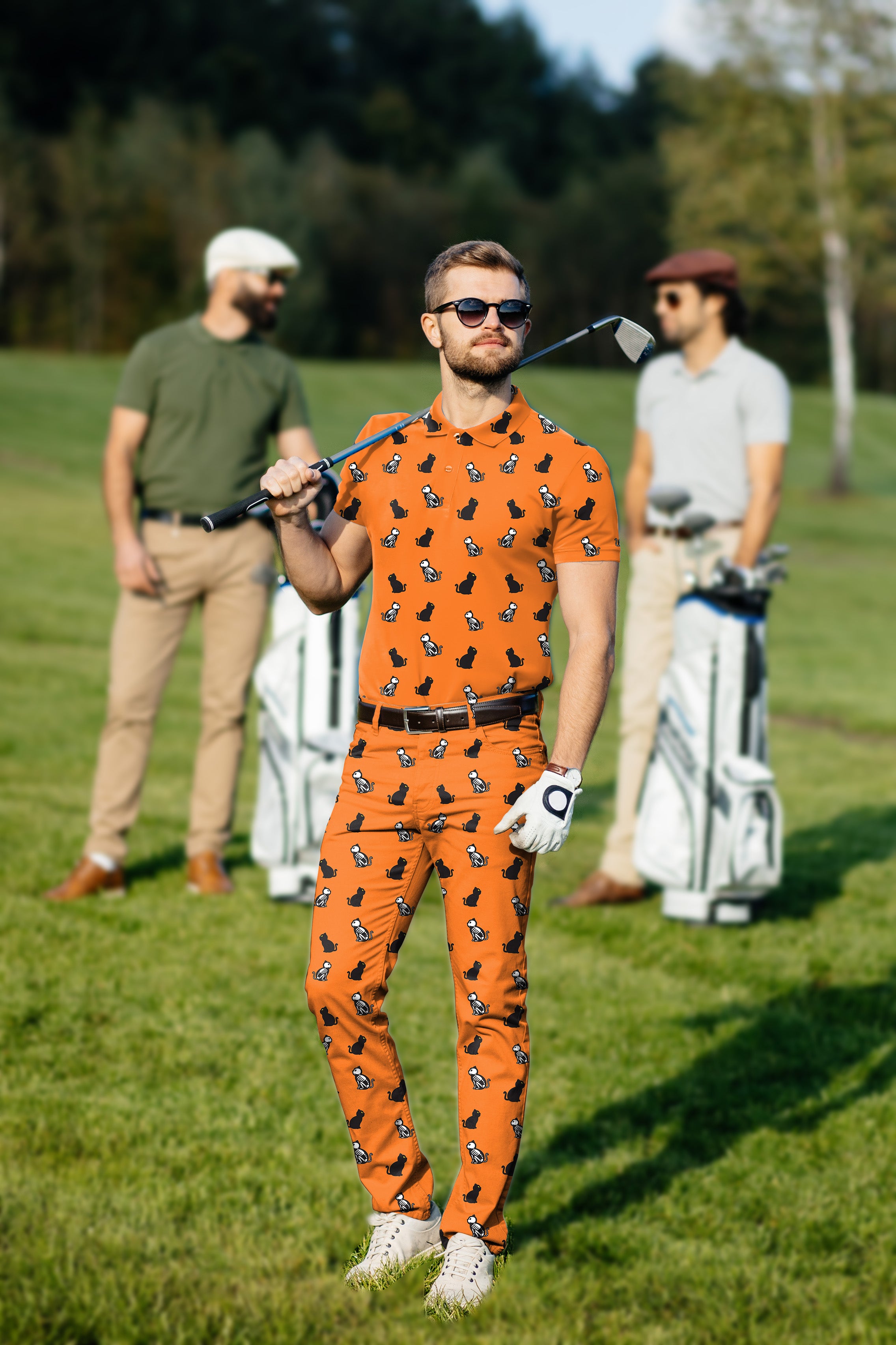 Men's Golf Set Polo+Pants Halloween Skull Cat Custom The Background Color