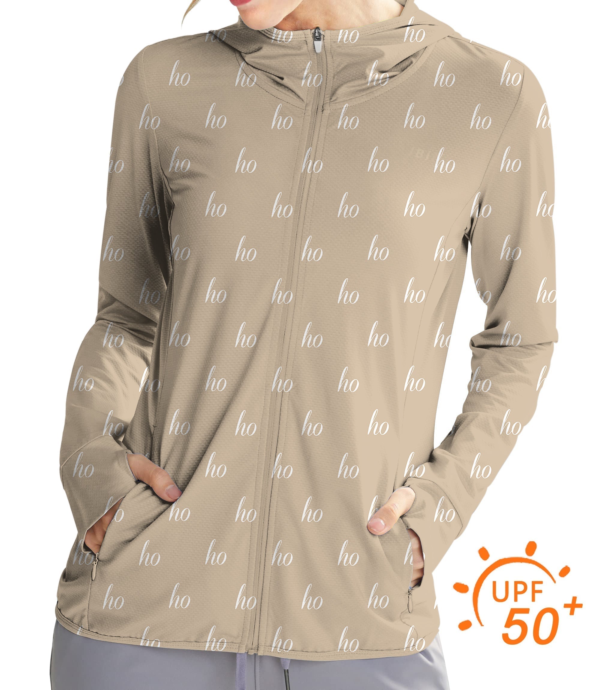 Women's outdoor beige slim fit zip hoodie with sun protection UPF 50+ and thumb holes