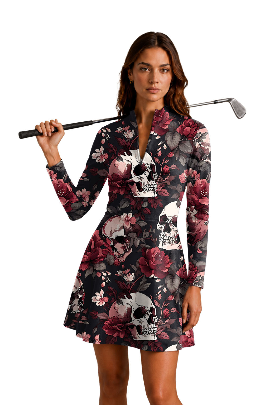 Halloween floral skull Women's Golf Long Sleeve Zipper Dresses Comes with separate matching shorts
