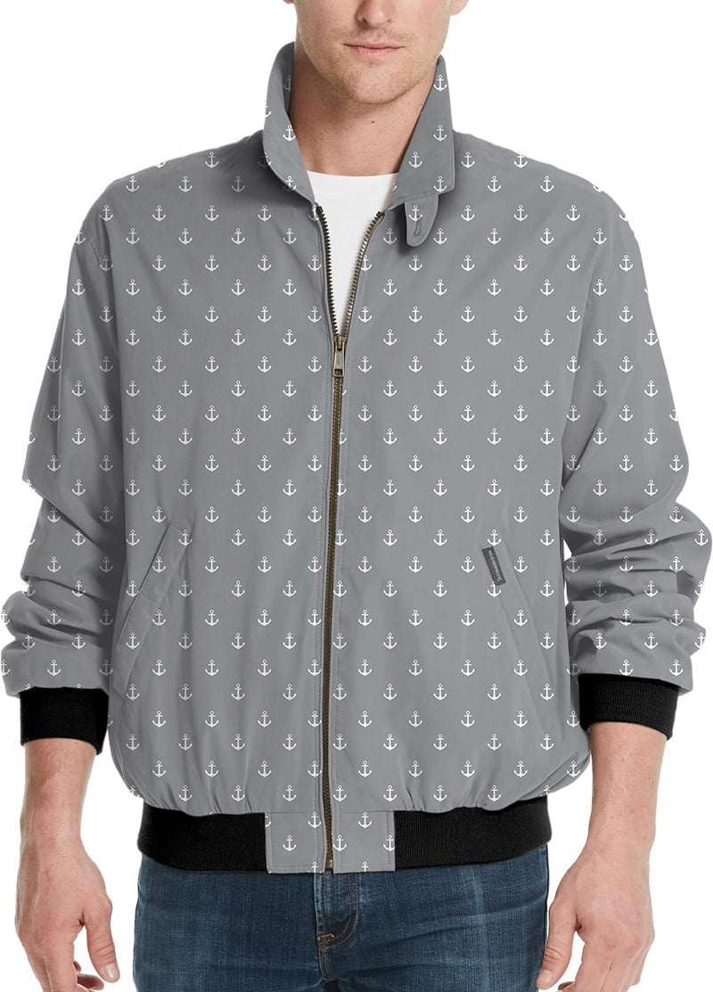 Light gray men's golf windbreaker jacket with anchor pattern and full zipper