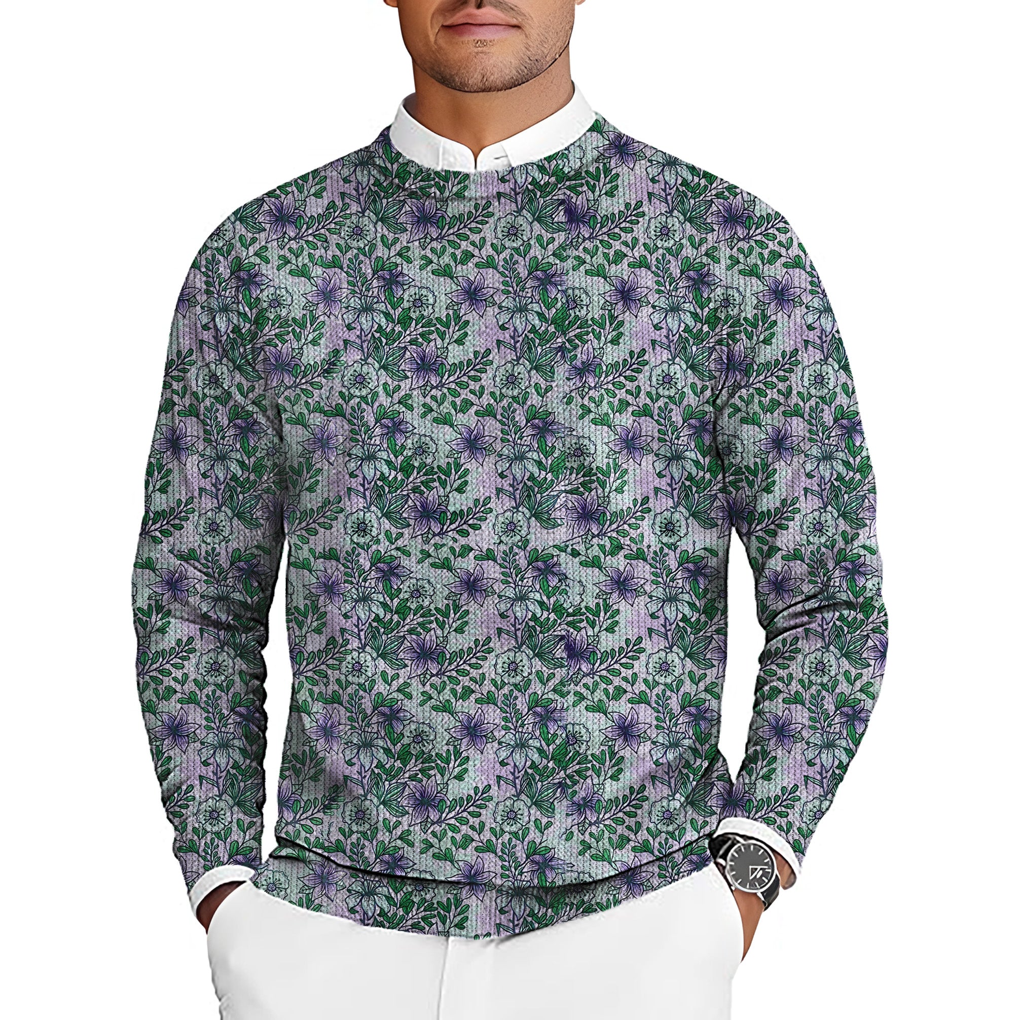 Purple flowers Men's Golf Crewneck Pullover Sweaters Ugly Sweater