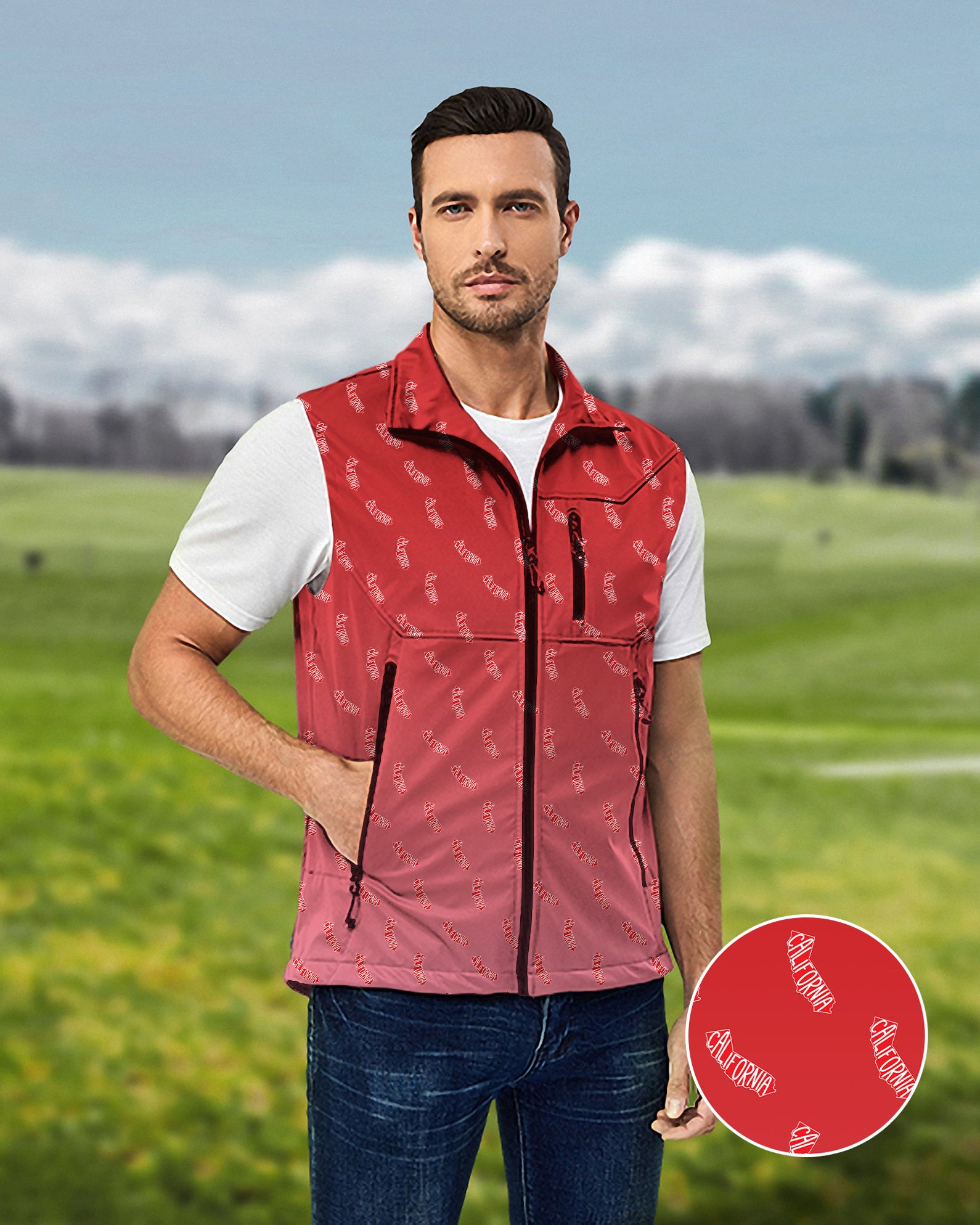 Men's Red California Lightweight Softshell Vest Sleeveless Jacket for Golf Windproof Waterproof