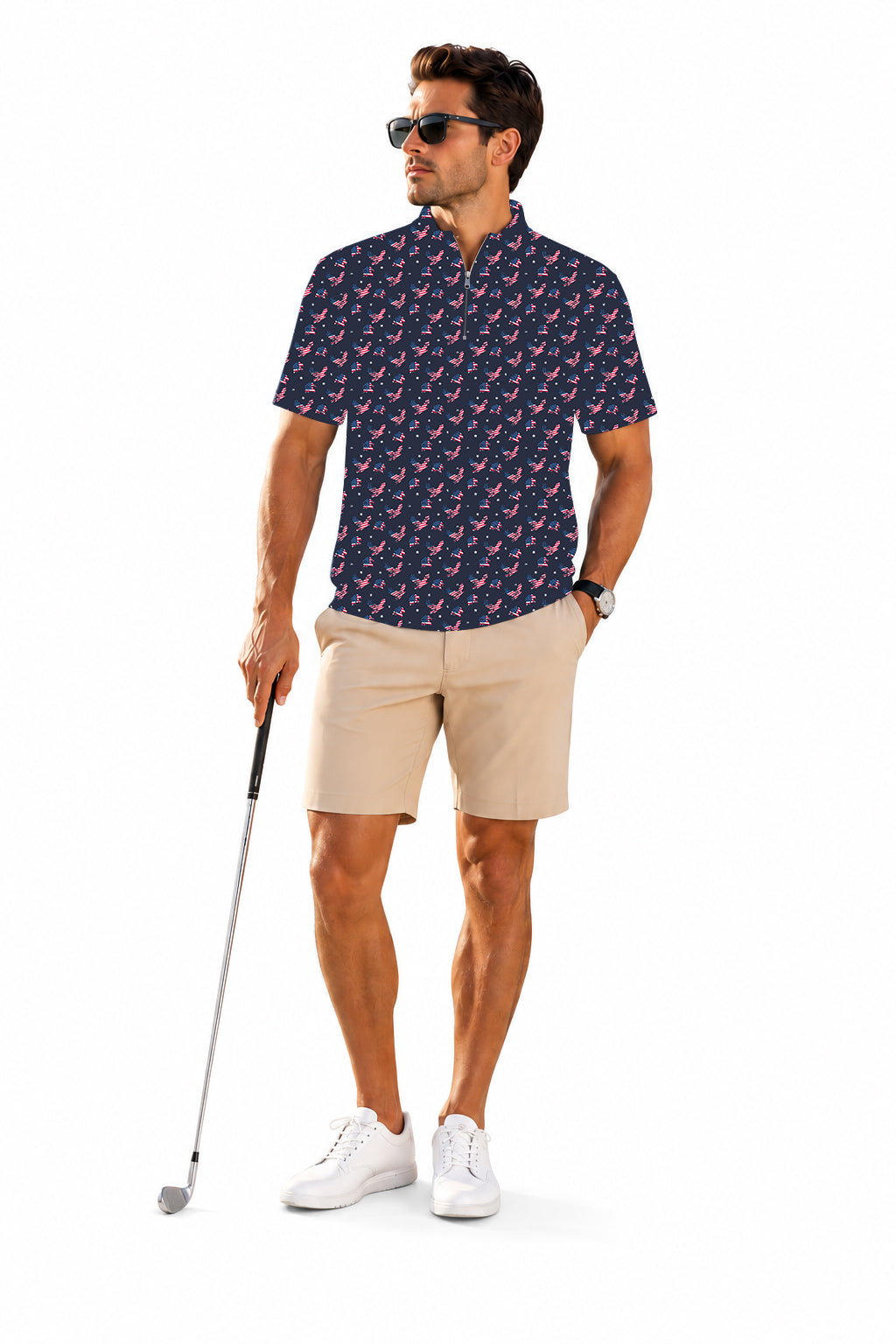 Men's Short Sleeve Quarter Zip Golf Pullover   eagle American flag Quilting Golf Cover Set Embroidery