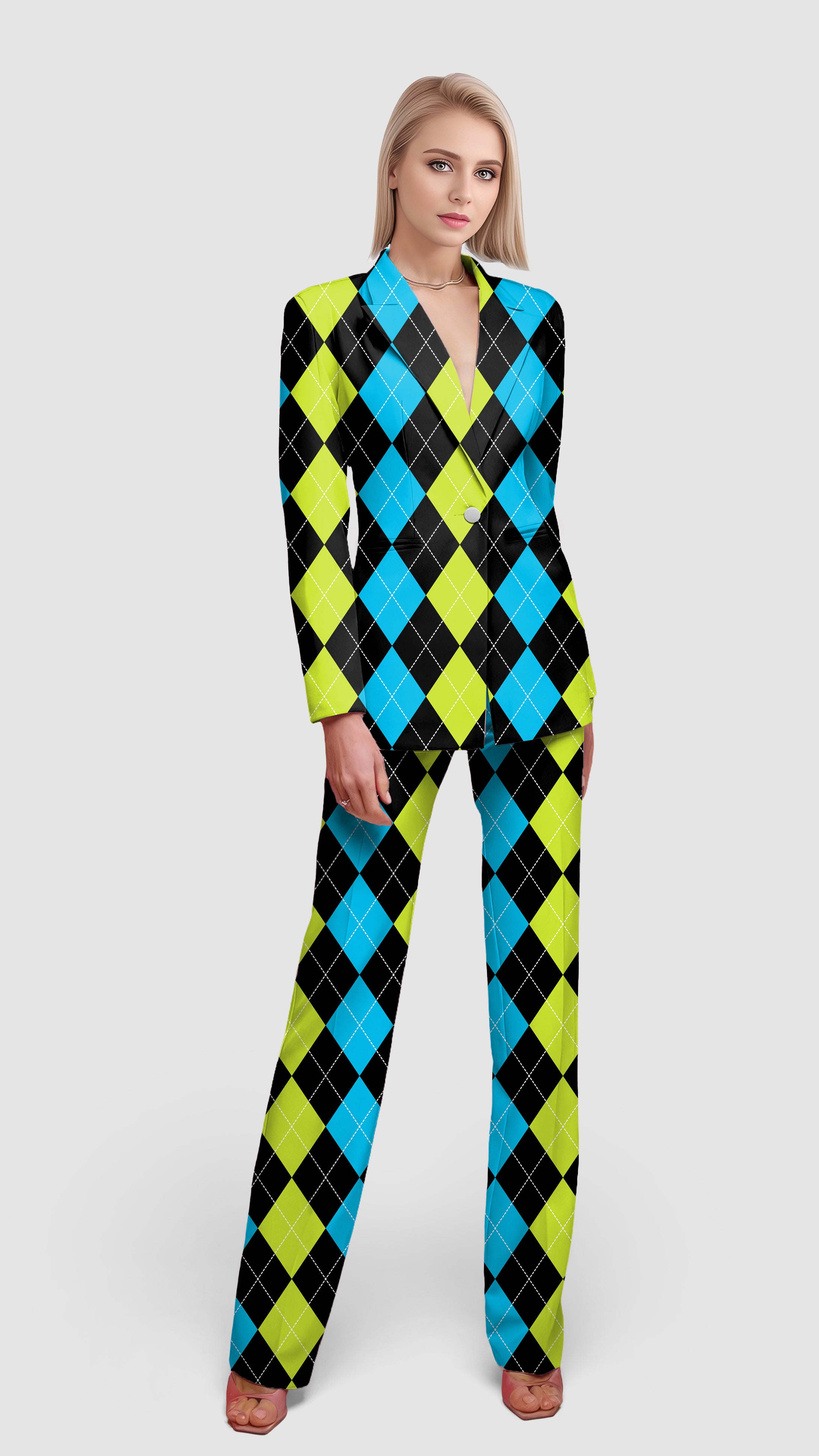 Halloween Black Green Blue Argyle Women's Blazer Casual Work Office Blazer Suit set