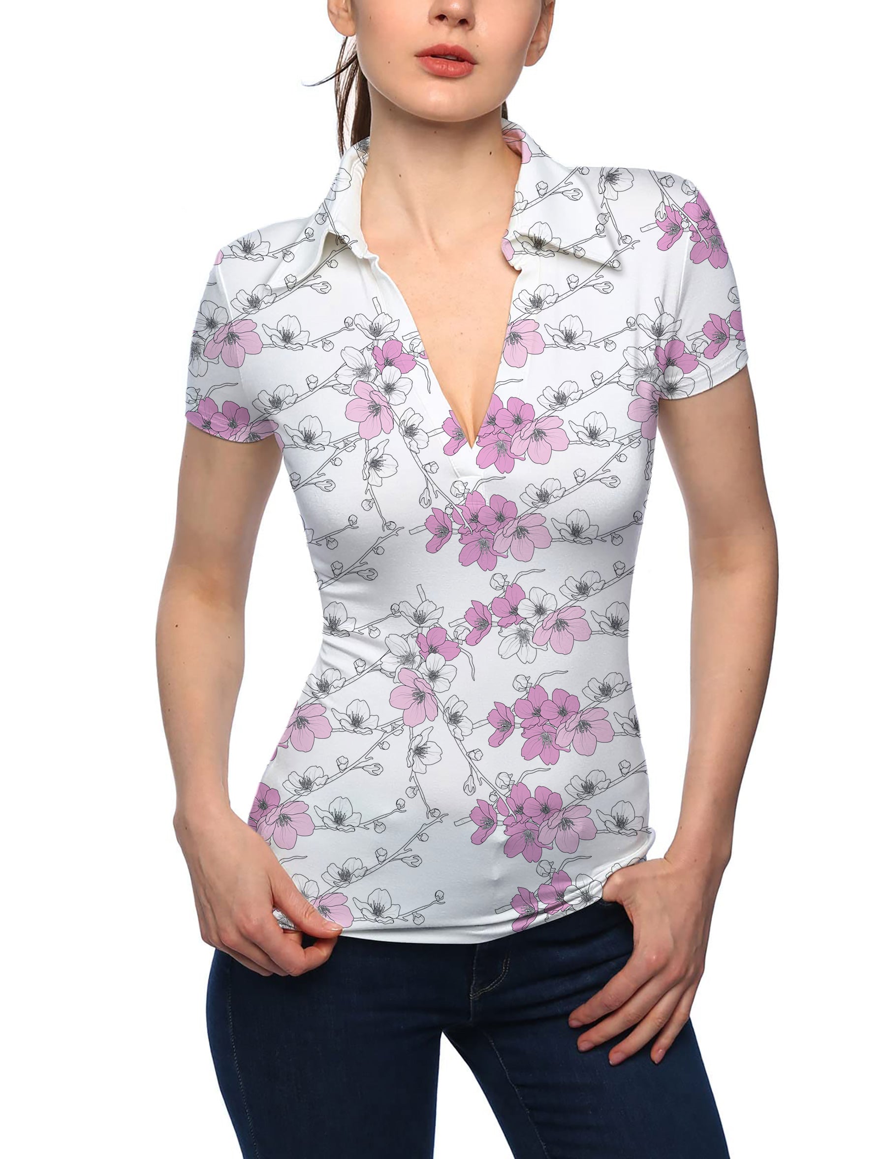 Women's White Cherry Blossom V Neck Golf Polo