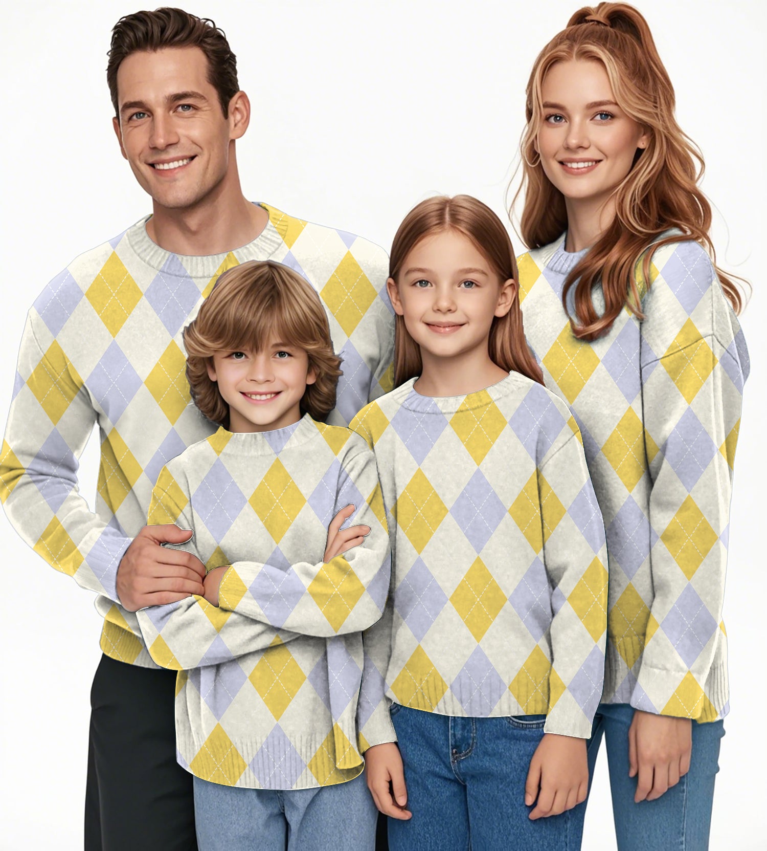 Yollow Argyle Crewneck Pullover Ugly Sweater Men Women boy girl family