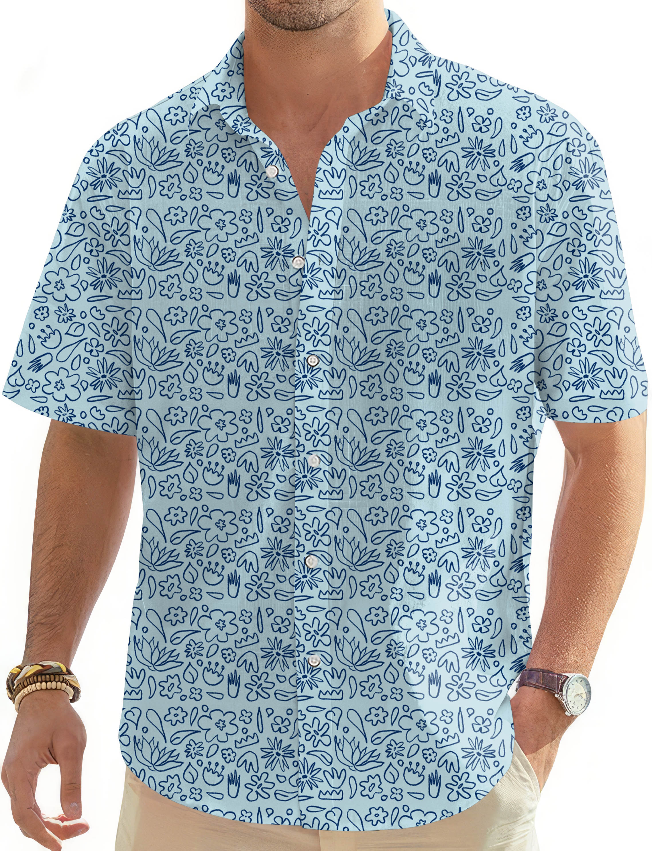 Simple Blue flower drawing Men's Golf Hawaiian Shirts Button Down Shirt