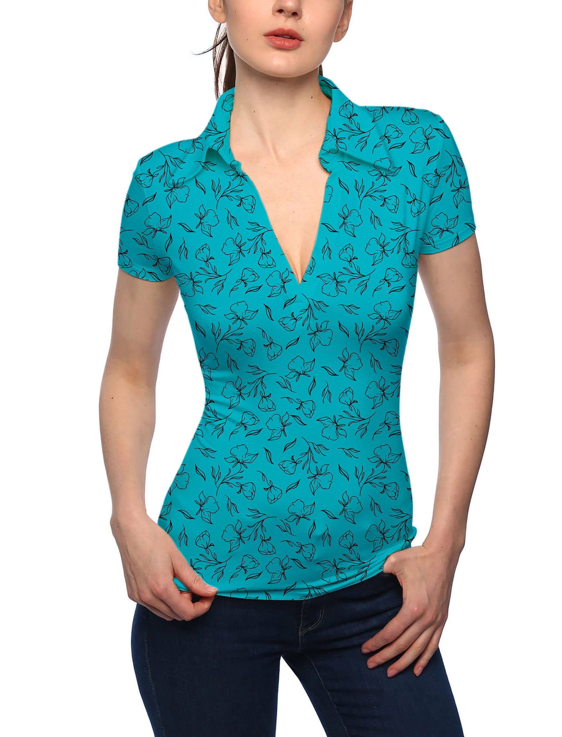 Women's flowers teal V Neck Golf Polo limited edition