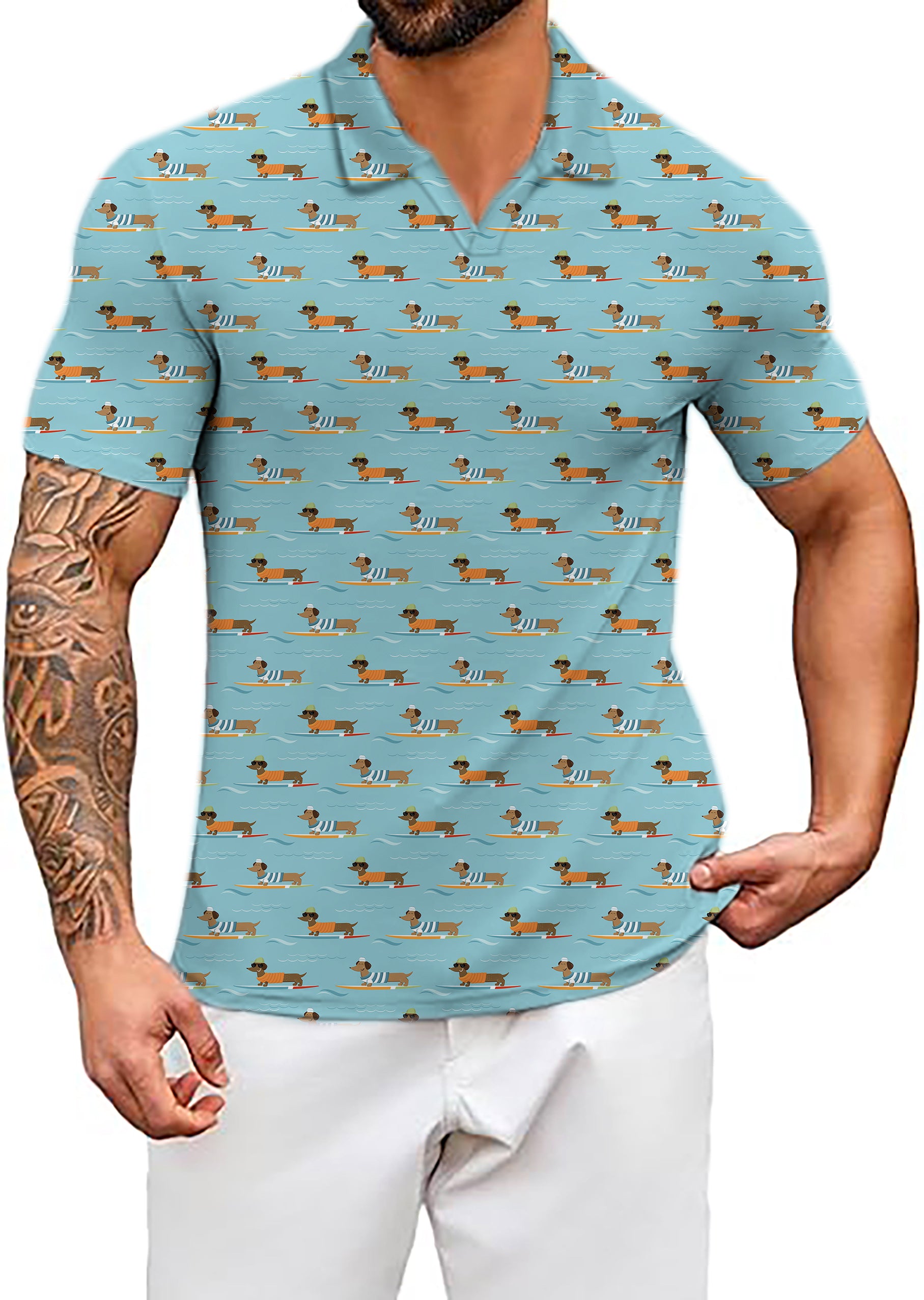 Men's Dachshund Surfing V Neck Golf Polo Shirts