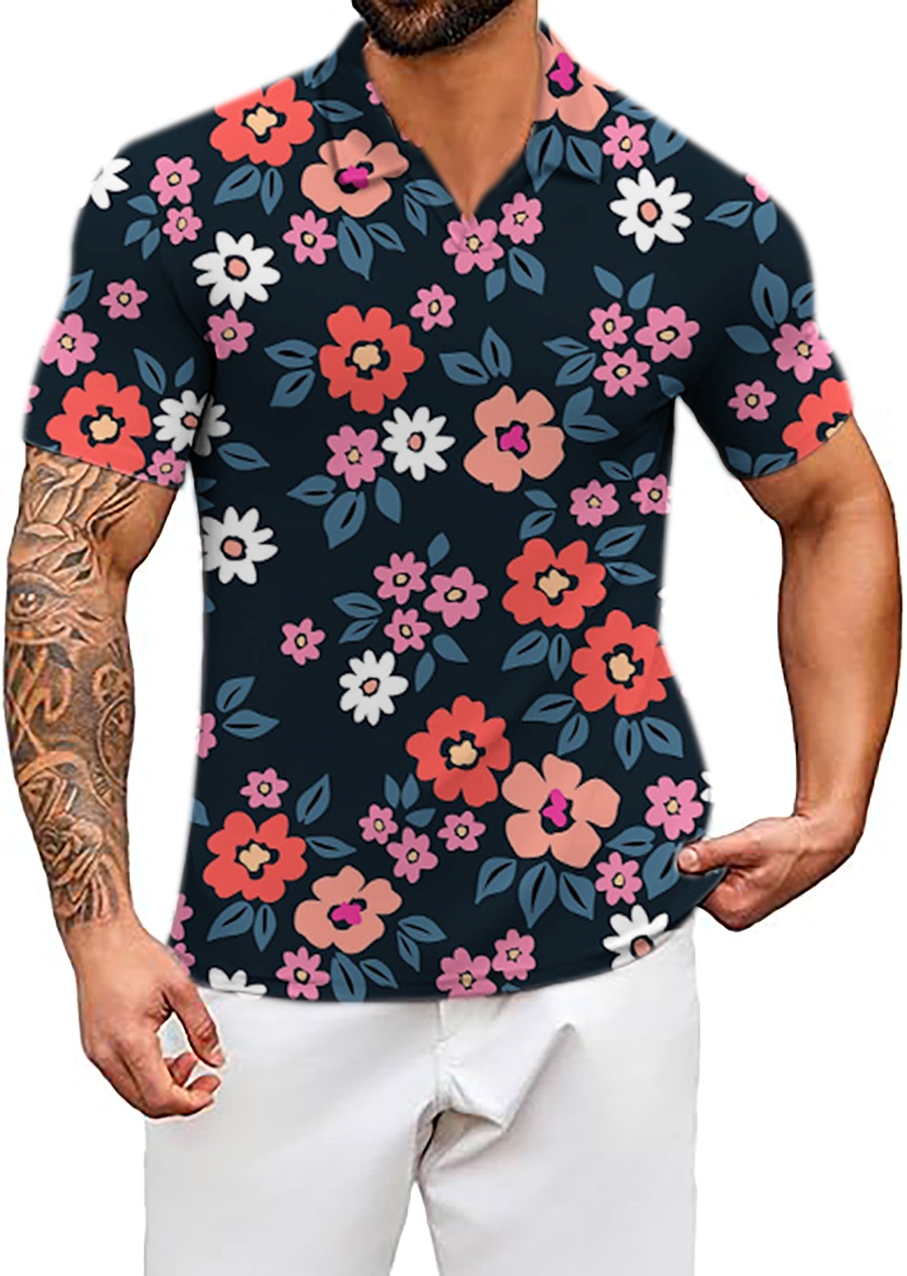 Men's Vintage Floral V Neck Golf Polo Shirts