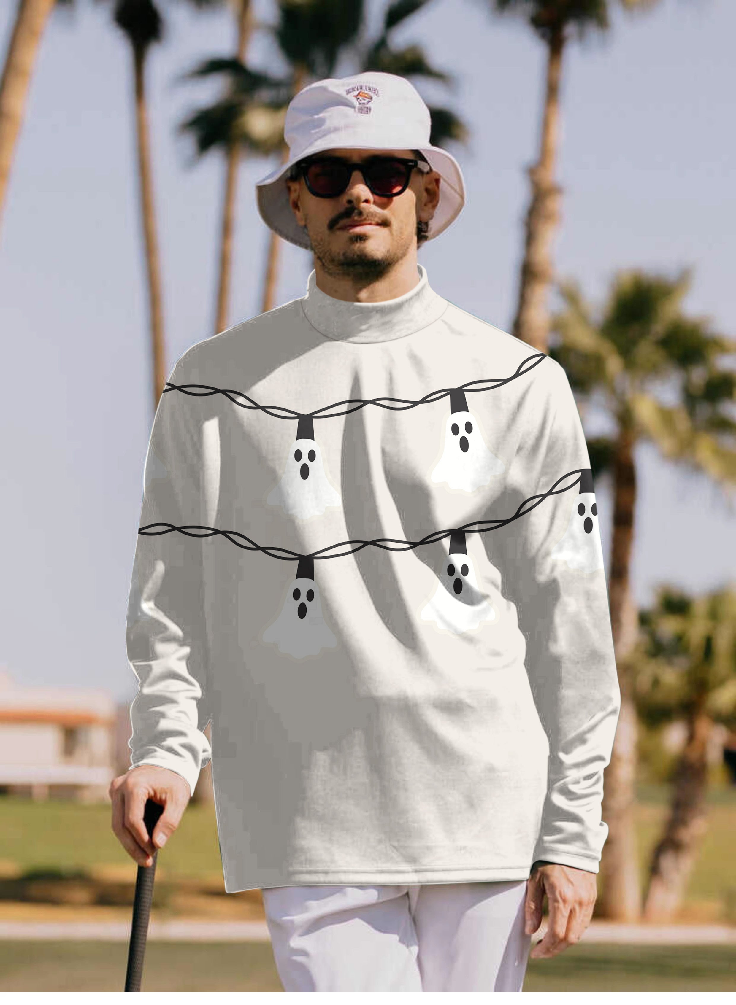 Men's Halloween Ghost Light Mock Neck Long/Short Sleeve Golf Tops