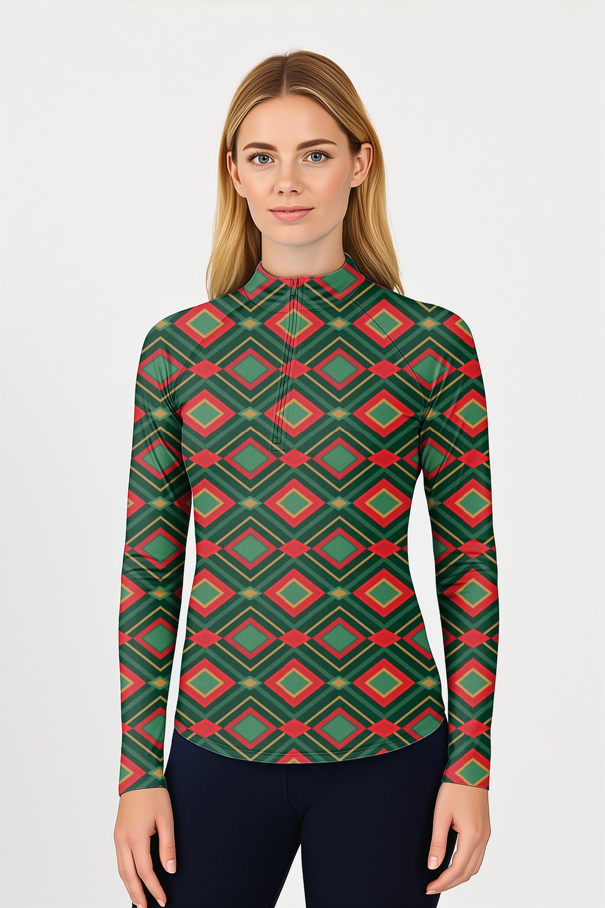 Christmas Argyle Women's Golf Active 3/4 Zipper Top Long Sleeves