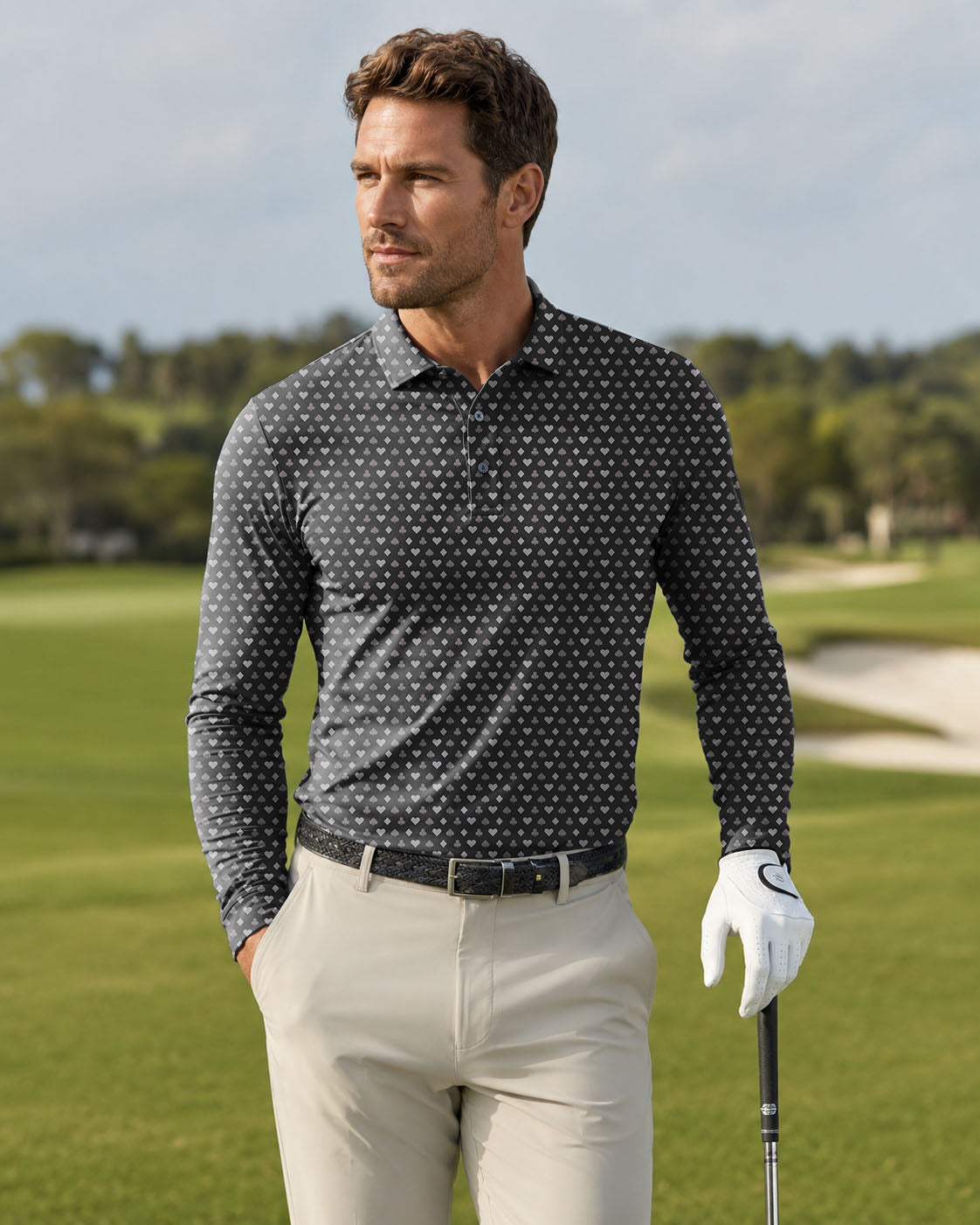 Men's golf Long-sleeved Polo Poker Pattern