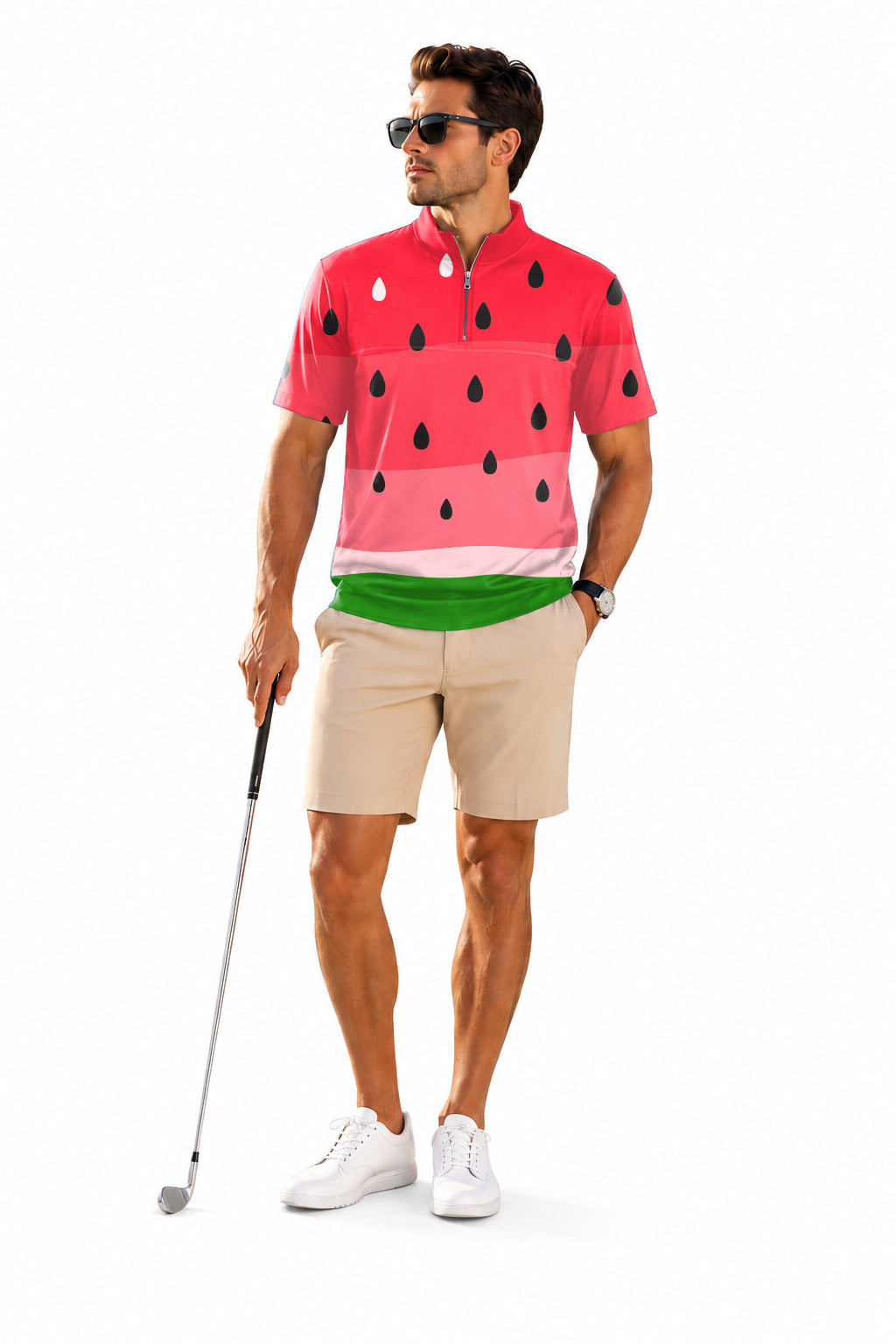 Men's Short Sleeve Quarter Zip Golf Pullover   watermelon Embroidery
