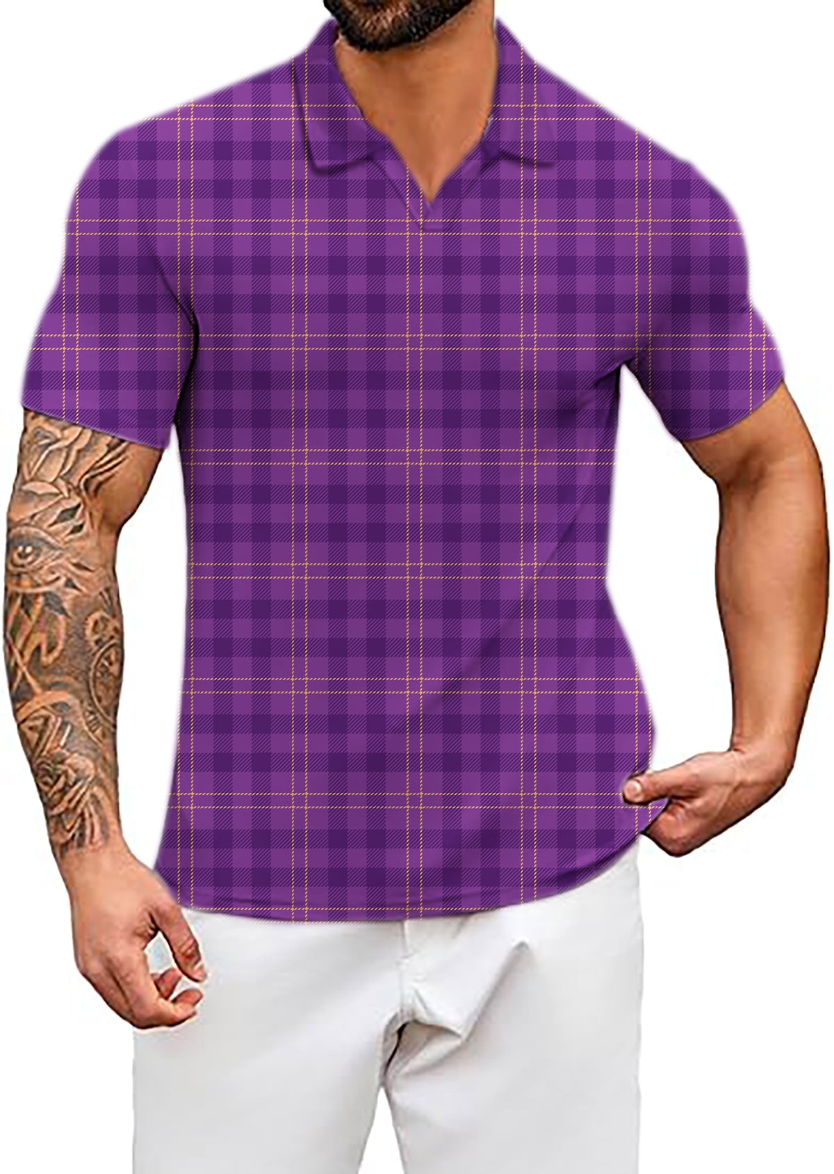 Men's Halloween purple plaid V Neck Golf Polo Shirts
