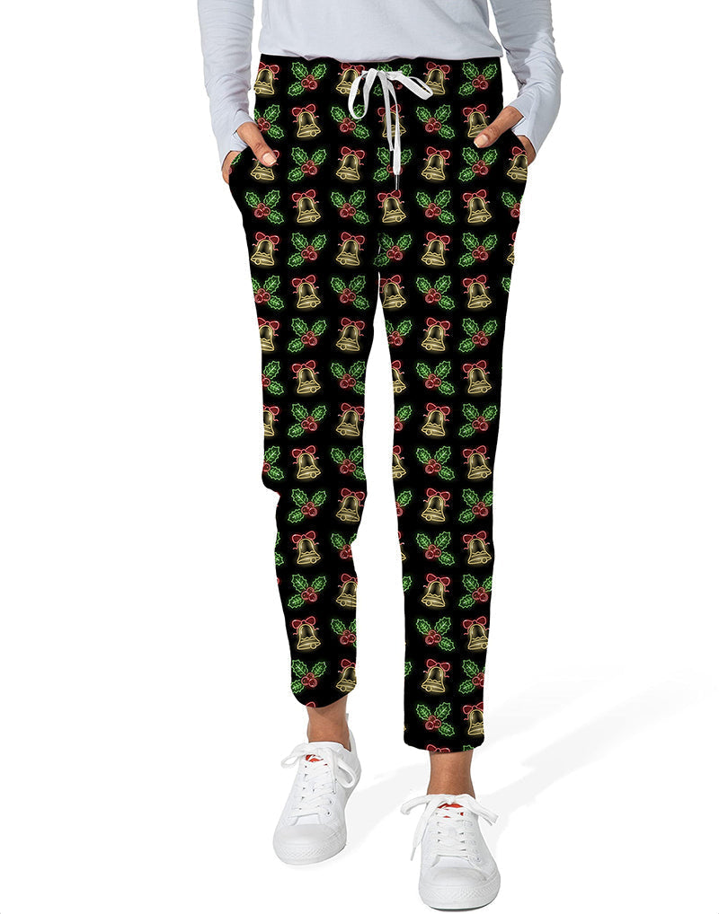 Women's 7/8 stretch ankle golf pants with Christmas neon lights pattern, nylon and spandex fabric, elastic waistband, and deep side pockets.