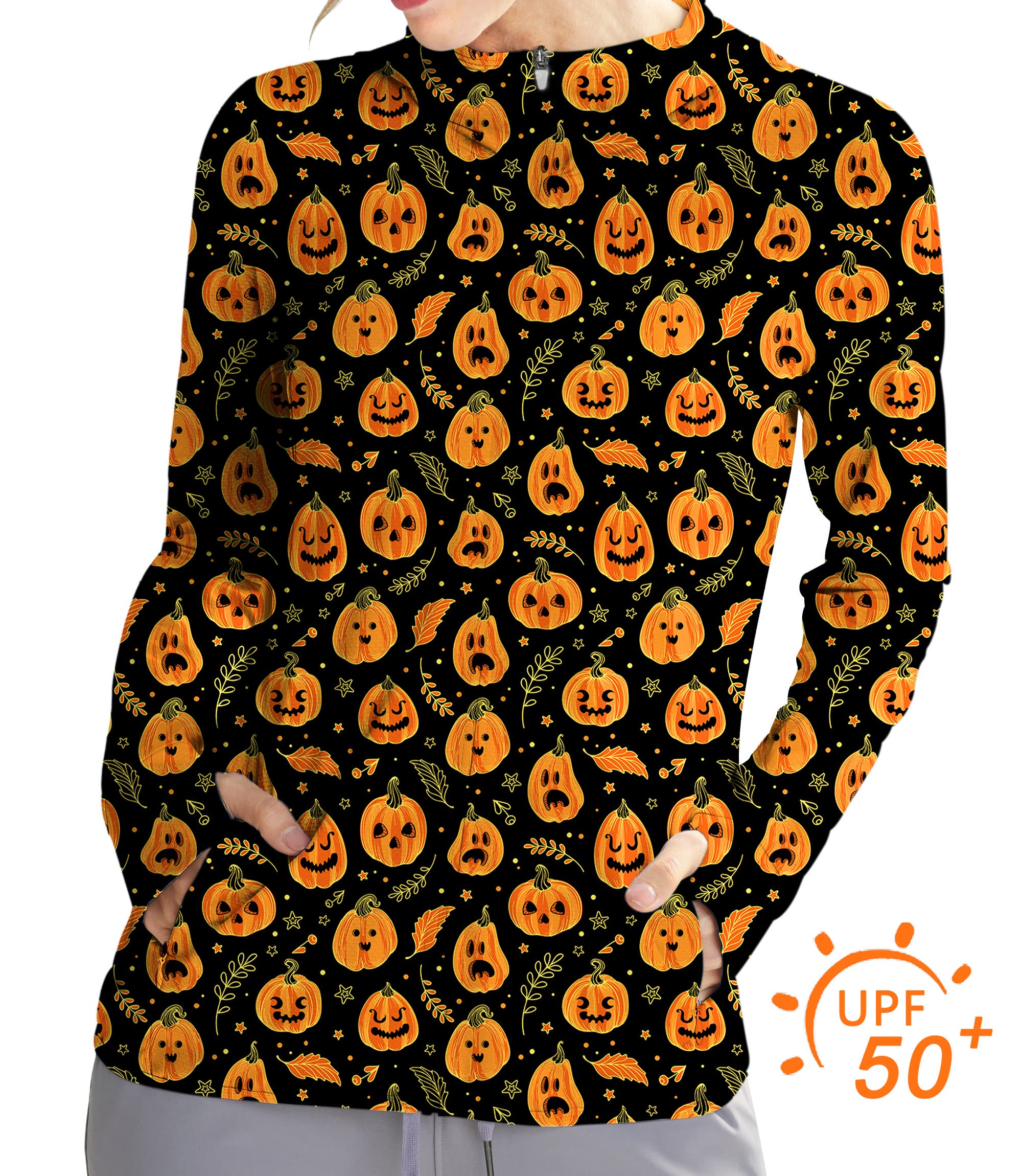 Women's Outdoor Halloween Kawaii Pumpkin Bones Golf Sun Protection Slim Fit zip hoodies