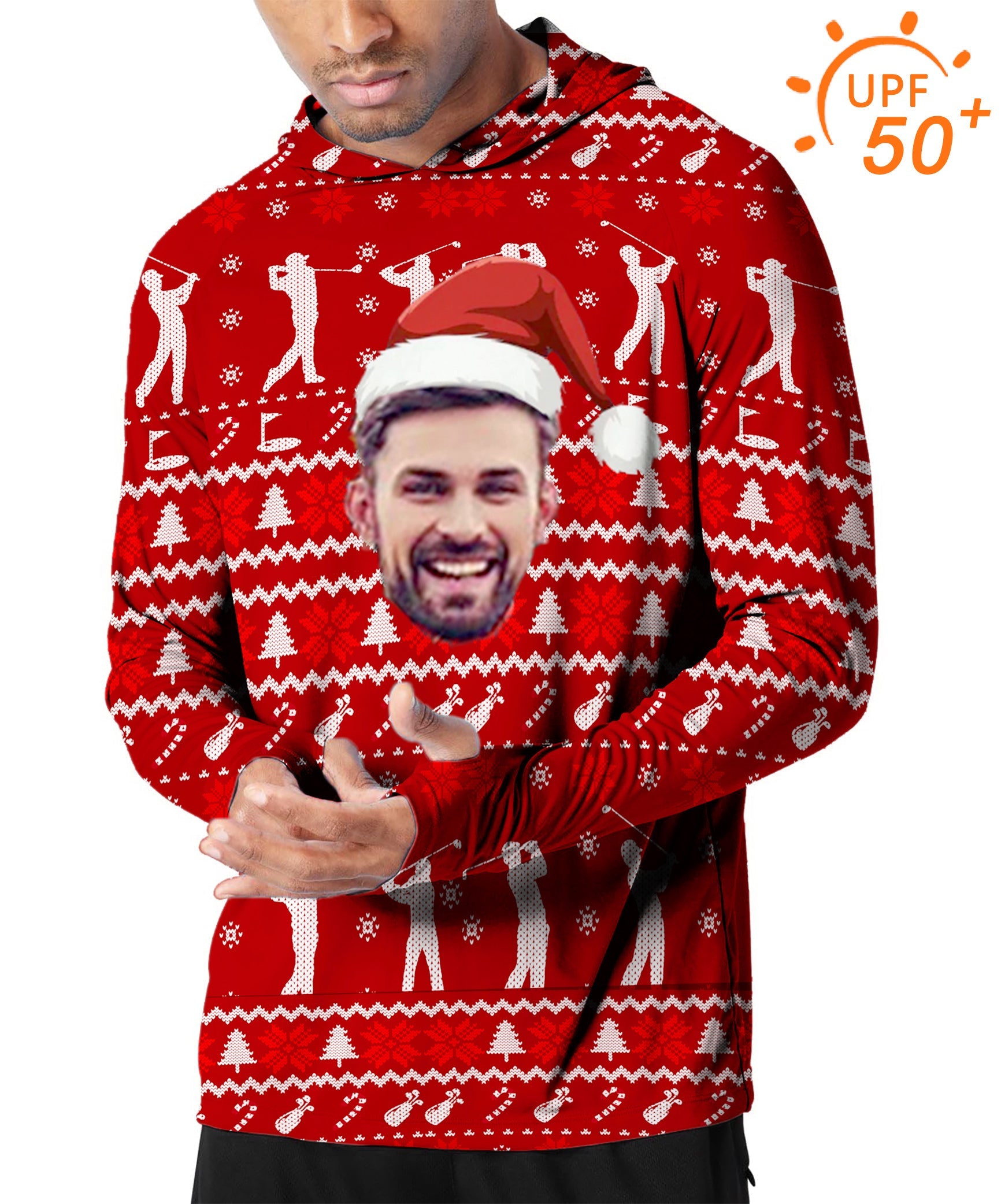Men's outdoor custom face Christmas themed slim fit golf sun protection hoodie with UPF 50+ protection and personalized print