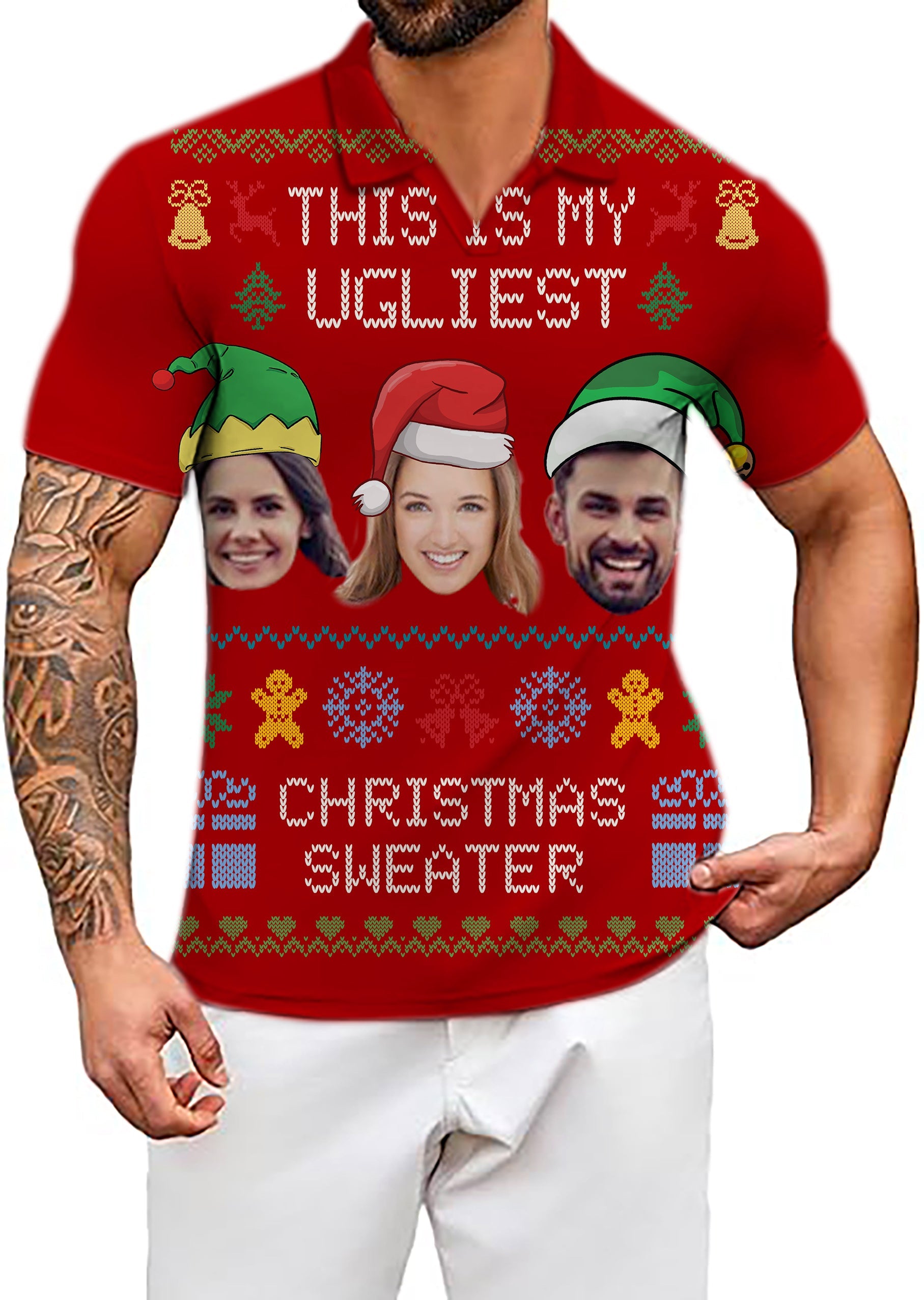 Men's Coconut Palm navy blue ink dots red Christmas custom face polo shirt with four-way stretch and UPF 40+ protection