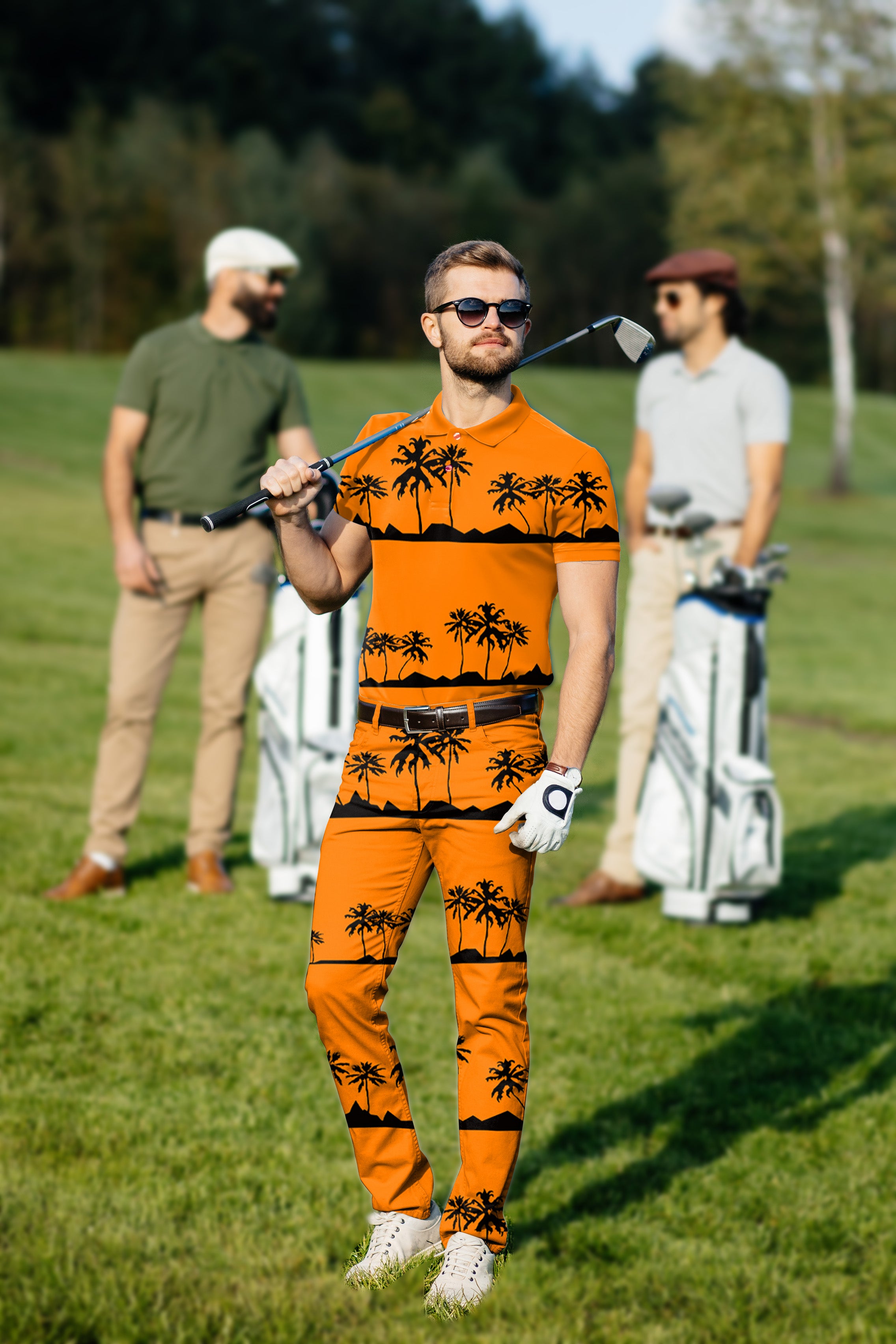Men's Golf Set Polo+Pants Setting sun and coconut trees