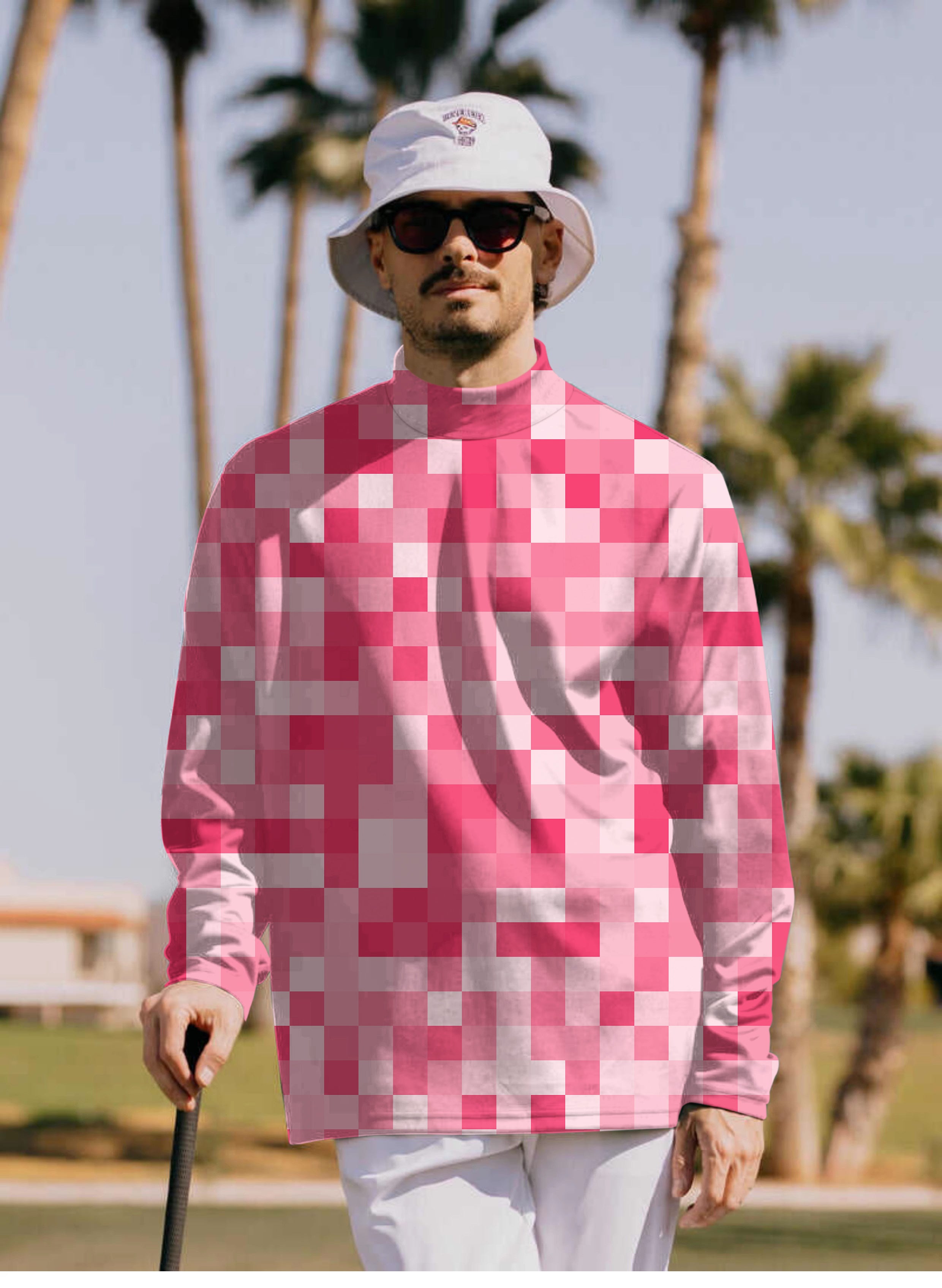 Men's Light Red Pixel Big Pullover High neck Long/Short sleeve T-Shirt
