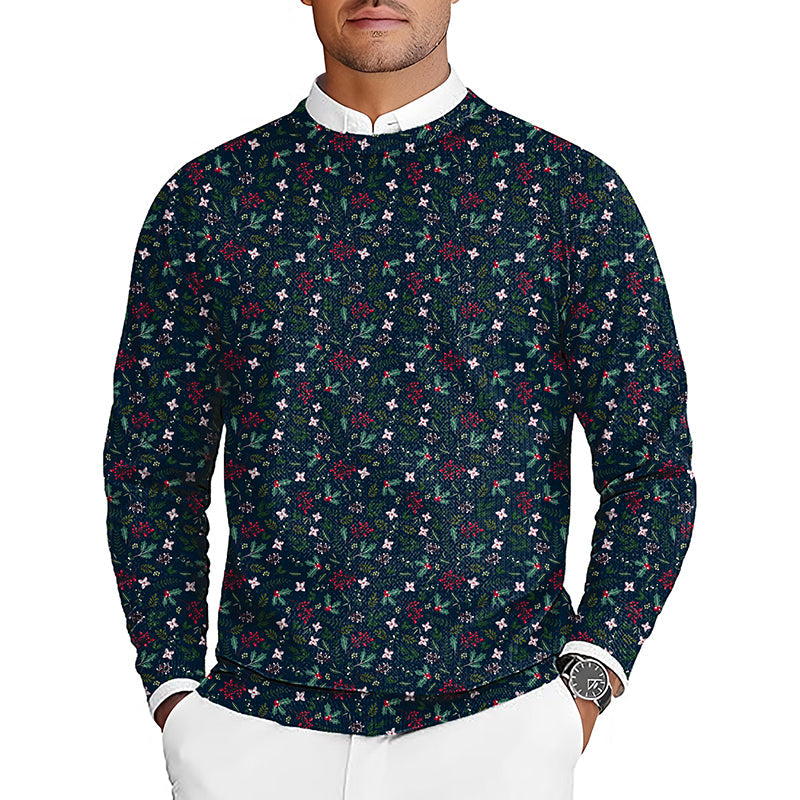 Christmas holly men's golf crewneck pullover sweater with festive holly pattern
