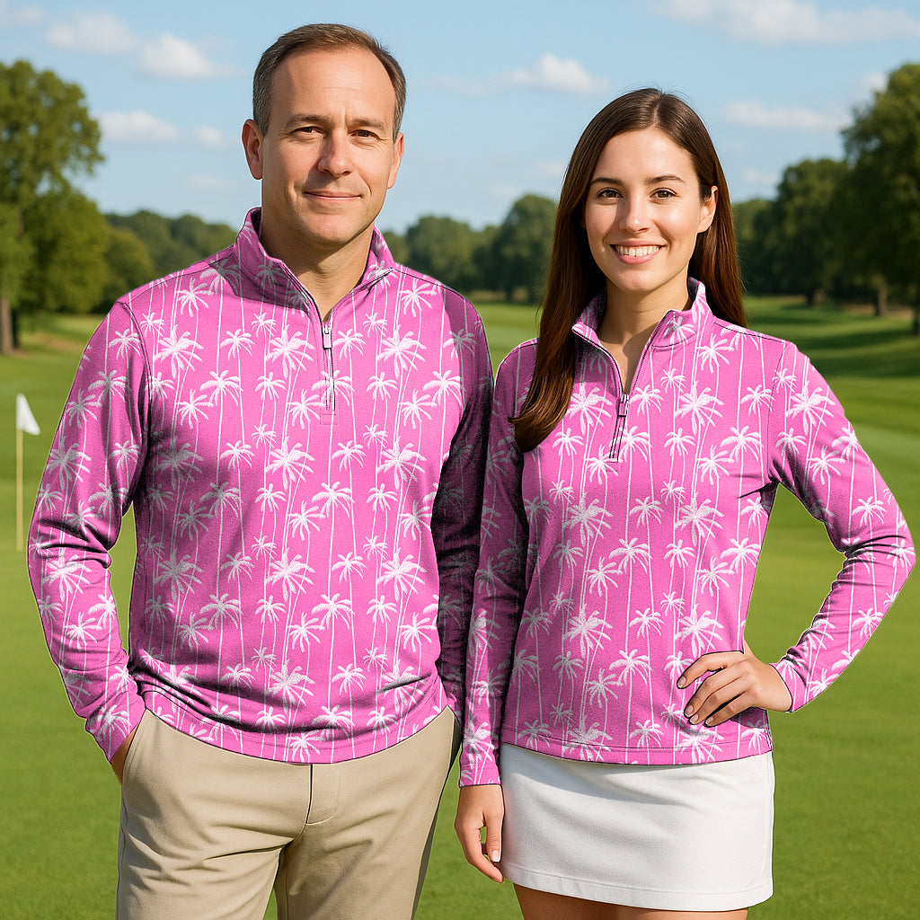 Pink Coconut Tree Couple Golf Active 3/4 Zipper Top Long Sleeves