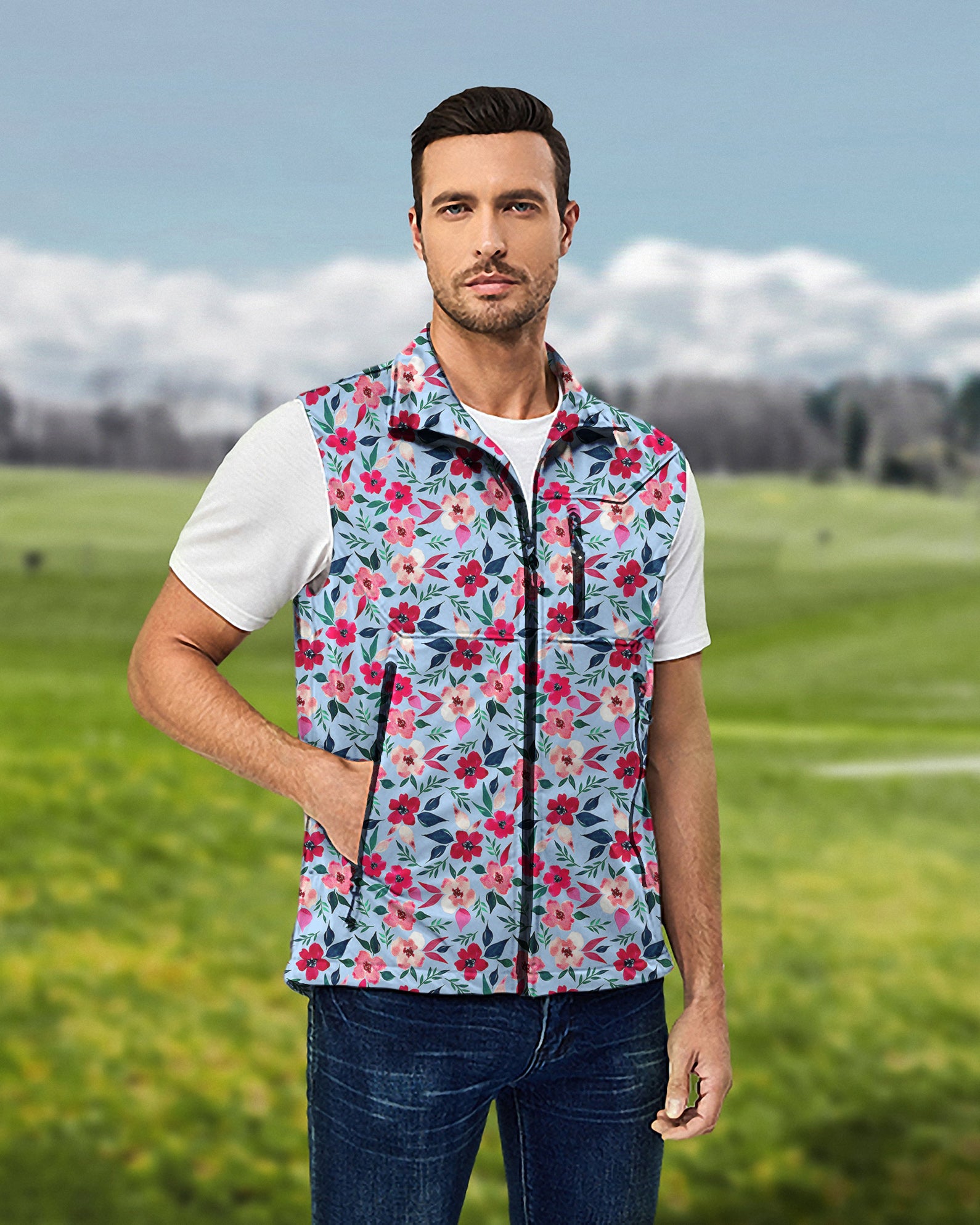 Men's Tropical flowers Lightweight Softshell Vest Sleeveless Jacket for Golf Windproof Waterproof