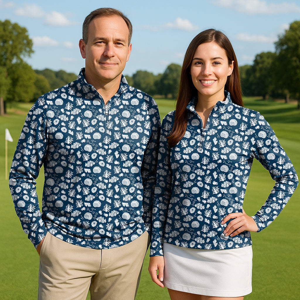Tropical Fish Couple Golf active 3/4 zip tops with long sleeves for sun protection and comfort