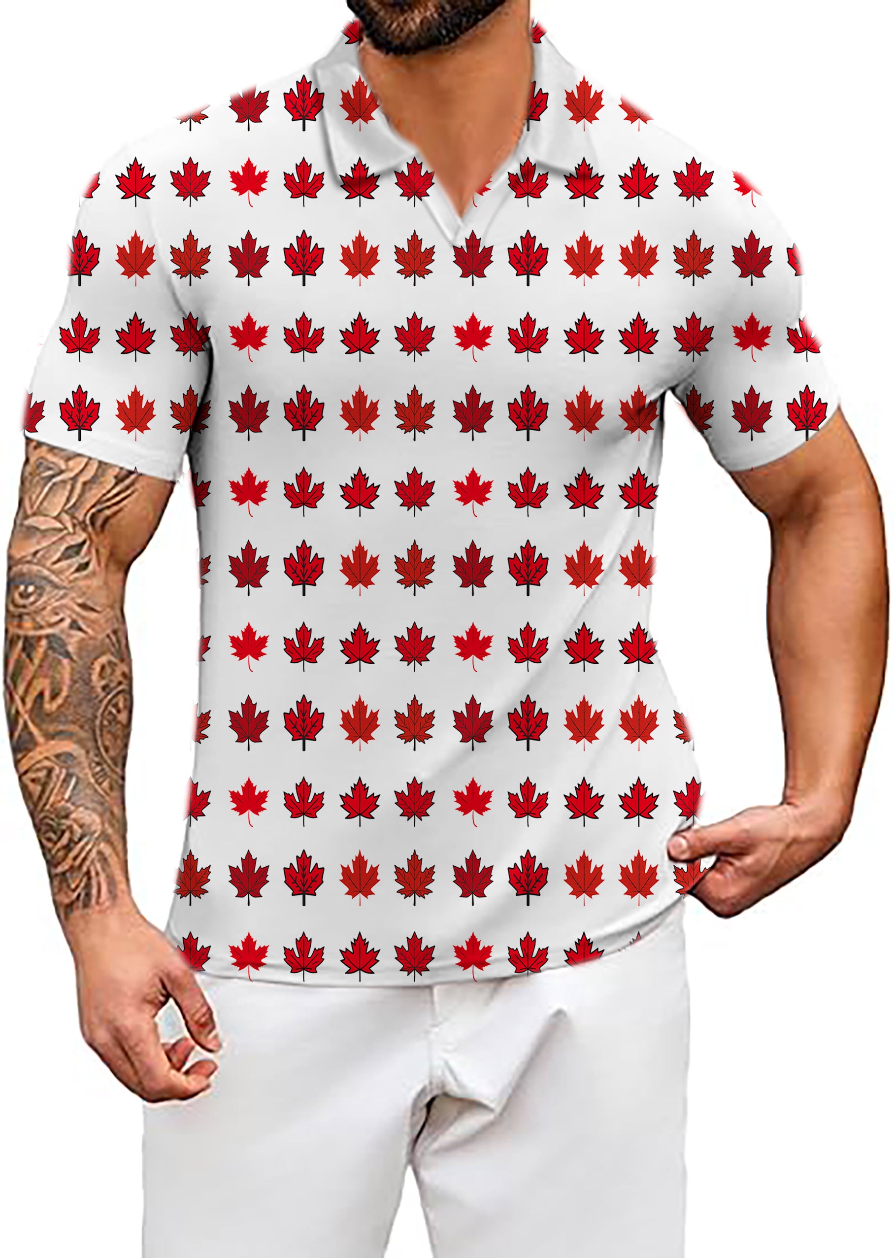 Men's Coconut Palm Canada Red Maple Leaves V Neck Golf Polo Shirts