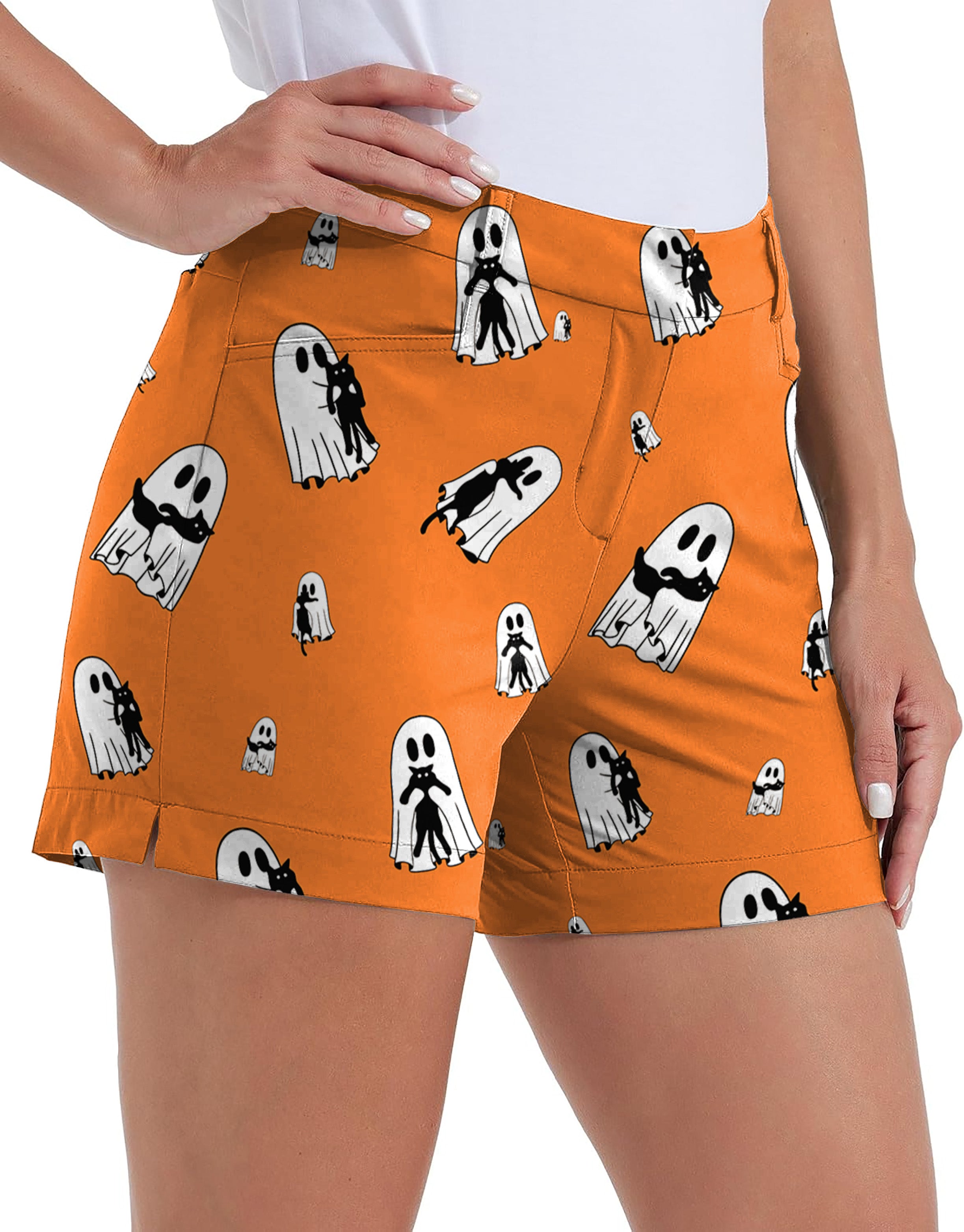 Halloween Ghost Hug Cat Custom The Background Color Polo Own Logo 4.5/7/10" Golf Shorts Quick-Drying Woman Outdoor Casual Shorts With Pockets Waterproof