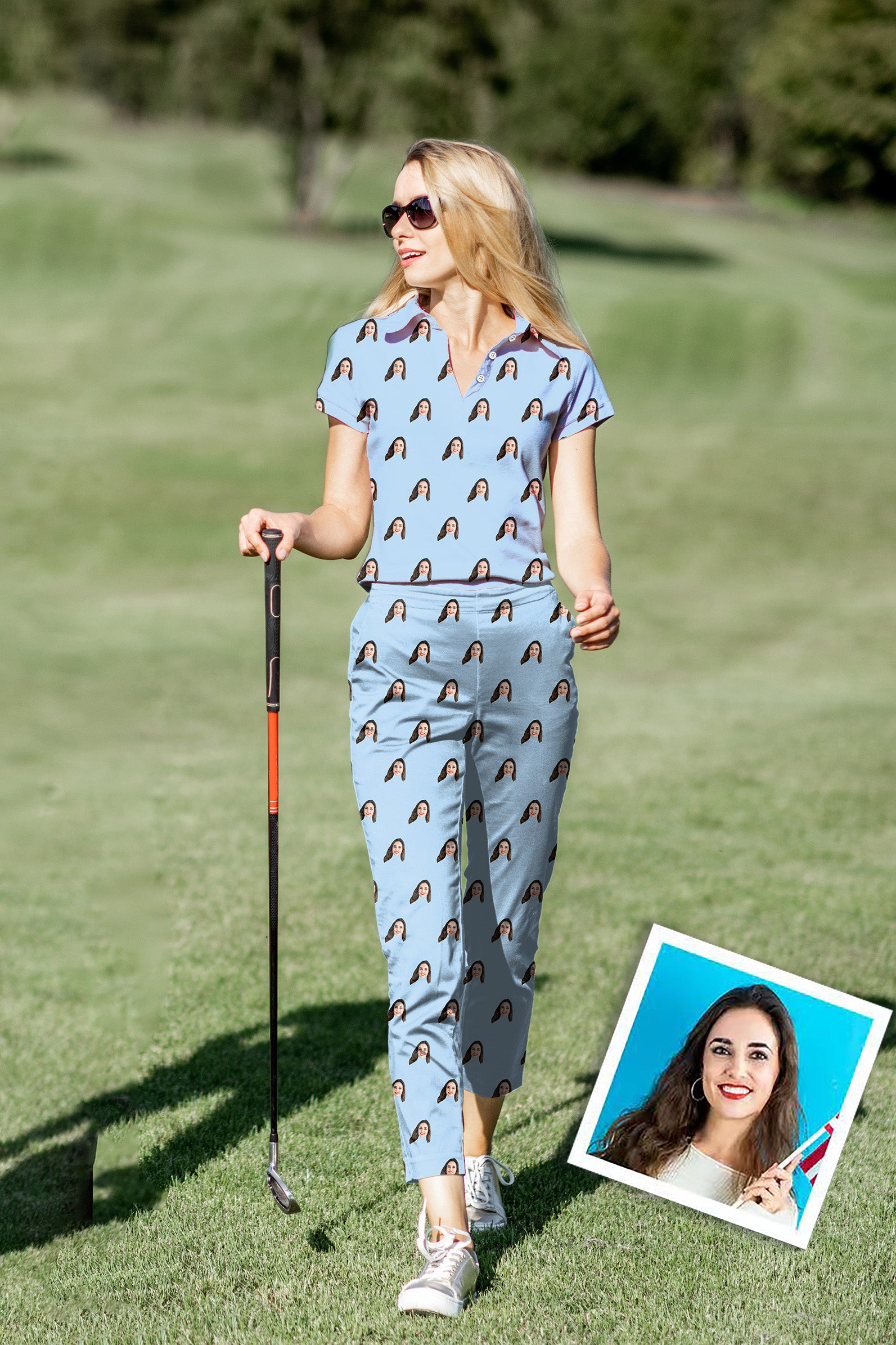 Women's Golf Polo+Pants Set Custom Photo Funny Face