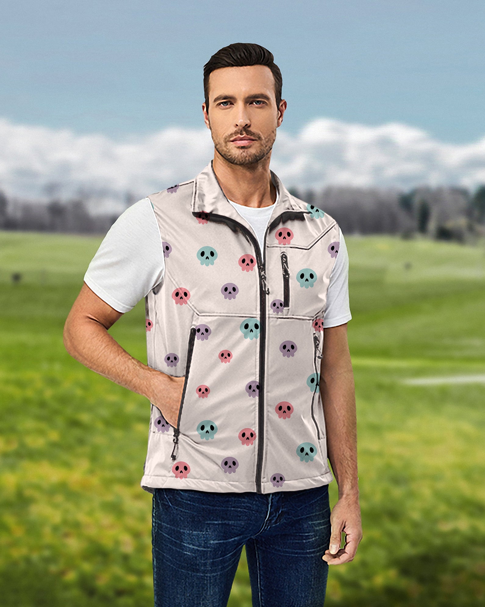 Men's Colorful Halloween Skull Lightweight Softshell Vest Sleeveless Jacket for Golf Windproof Waterproof