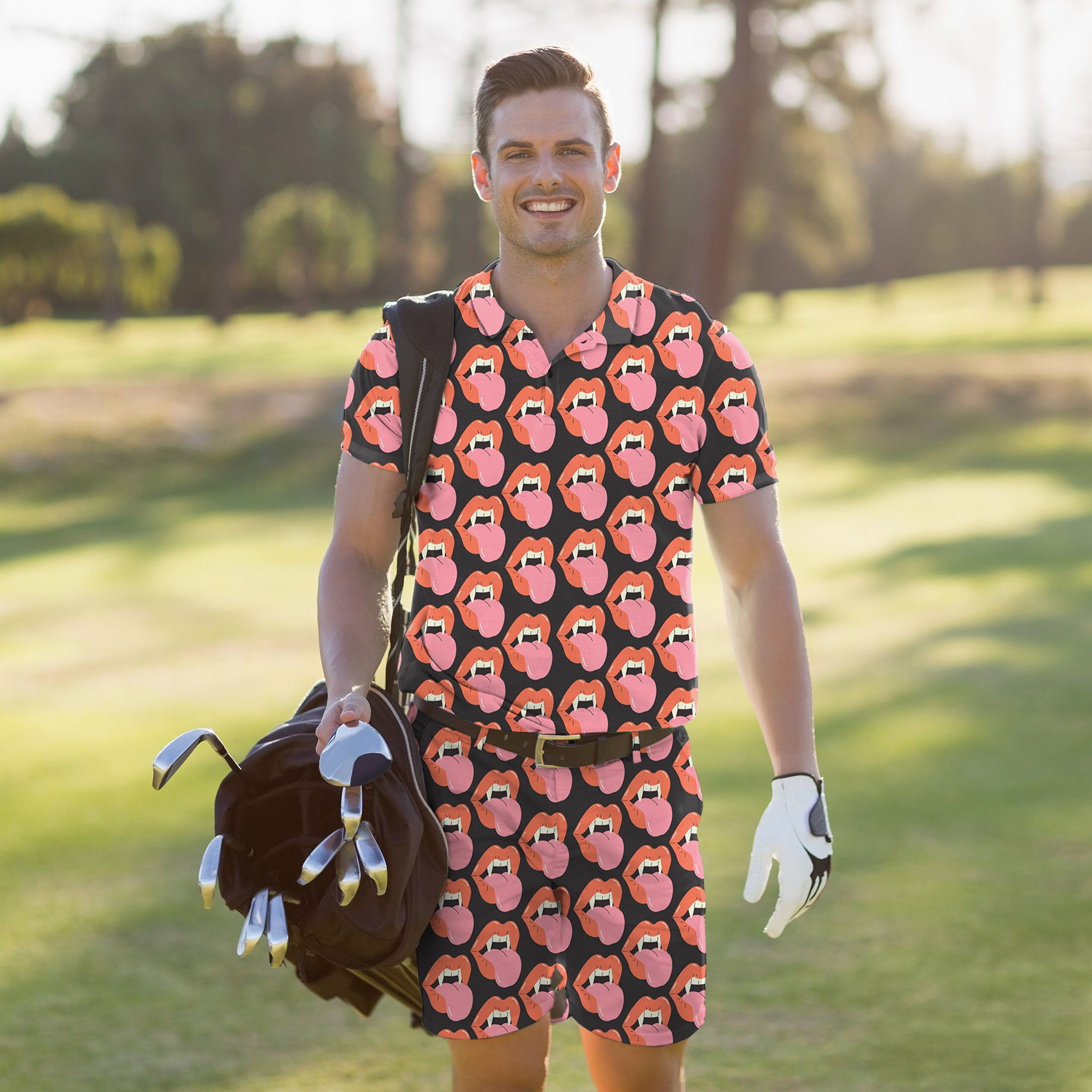 Men's Golf Set Polo+Shorts Halloween Vampire Mouth