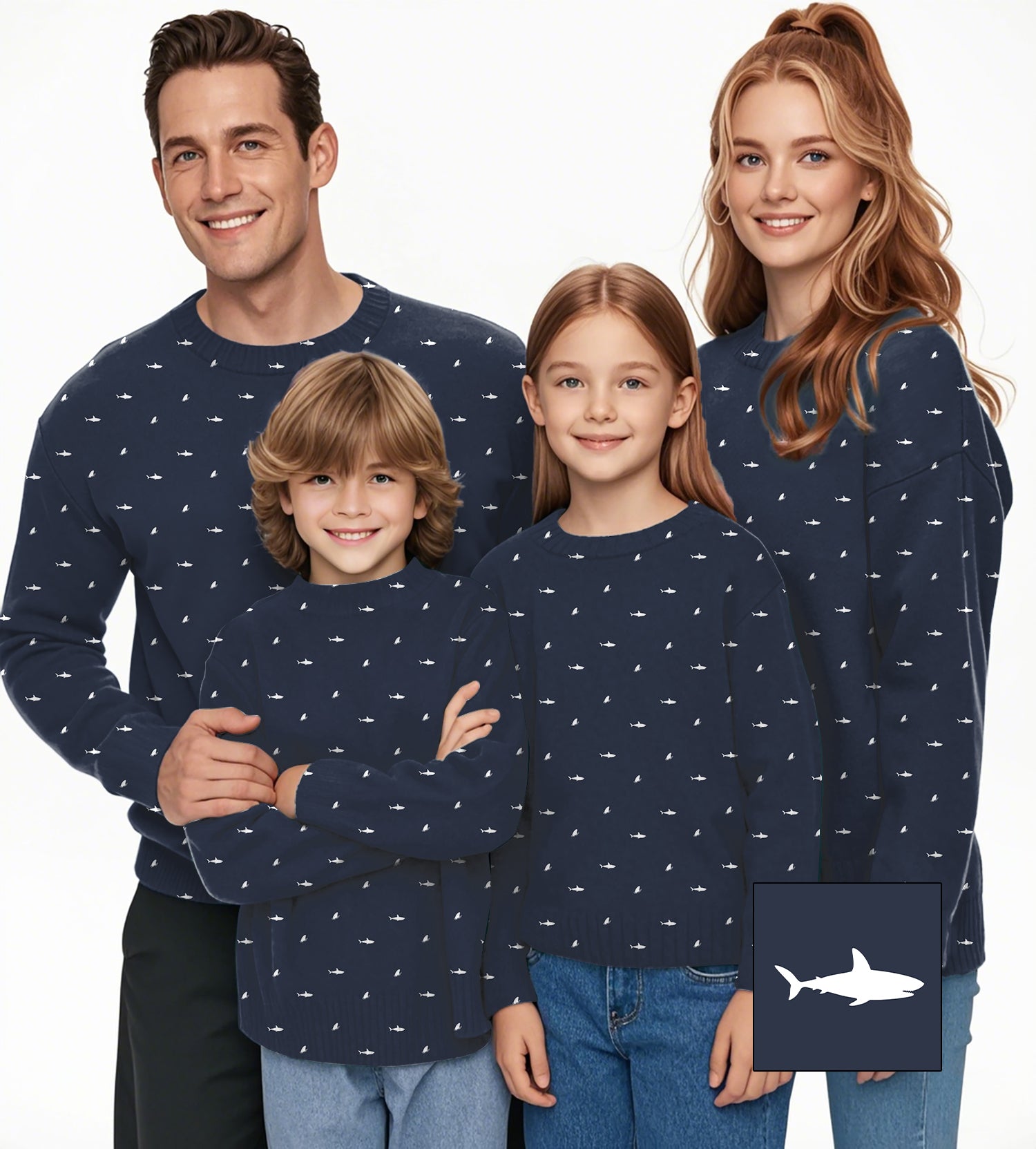 White Shark and Fin Custom The Background Color Crewneck Pullover Ugly Sweater Men Women boy girl family