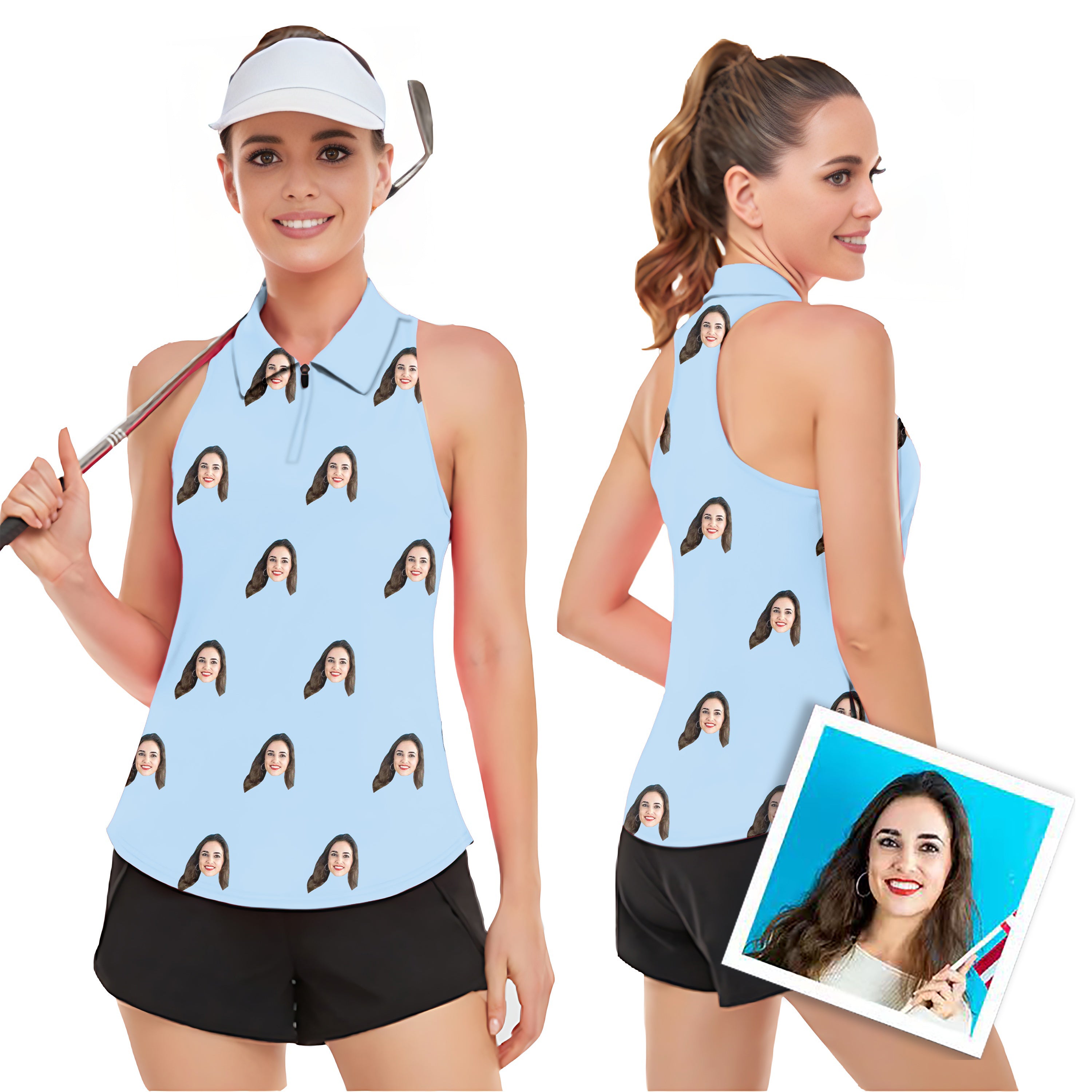 Custom Photo Funny Face Women’s Sleeveless Golf Tank Top Shirt Polo