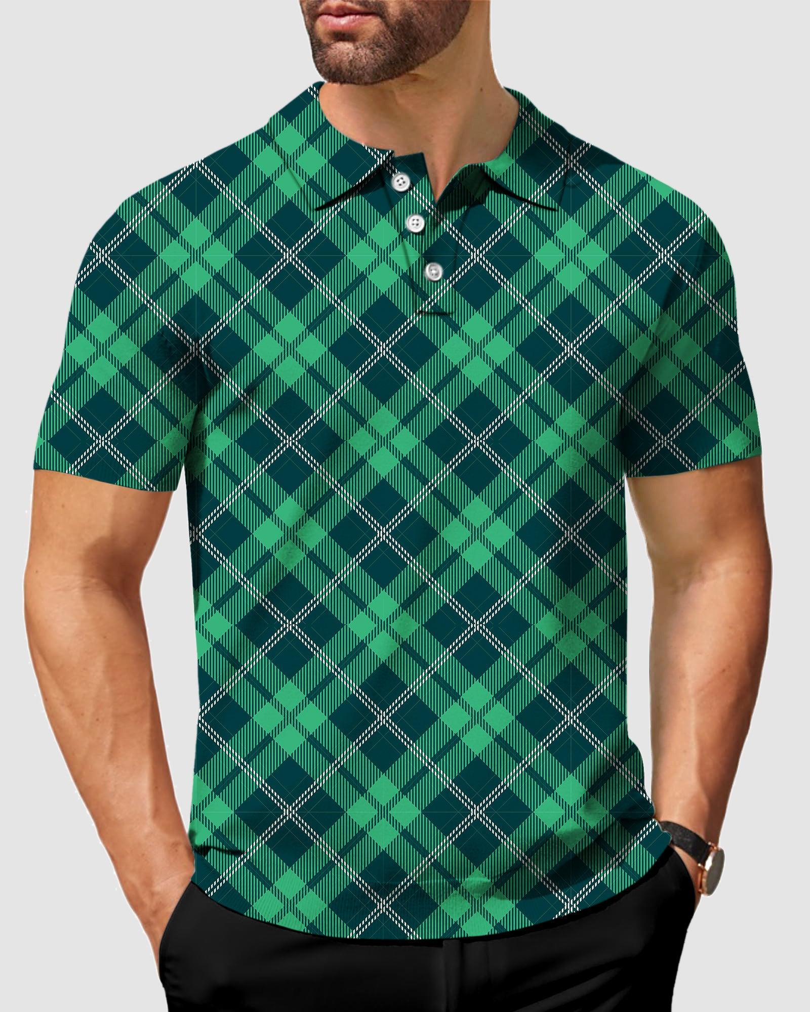 Men's Green grid golf polo