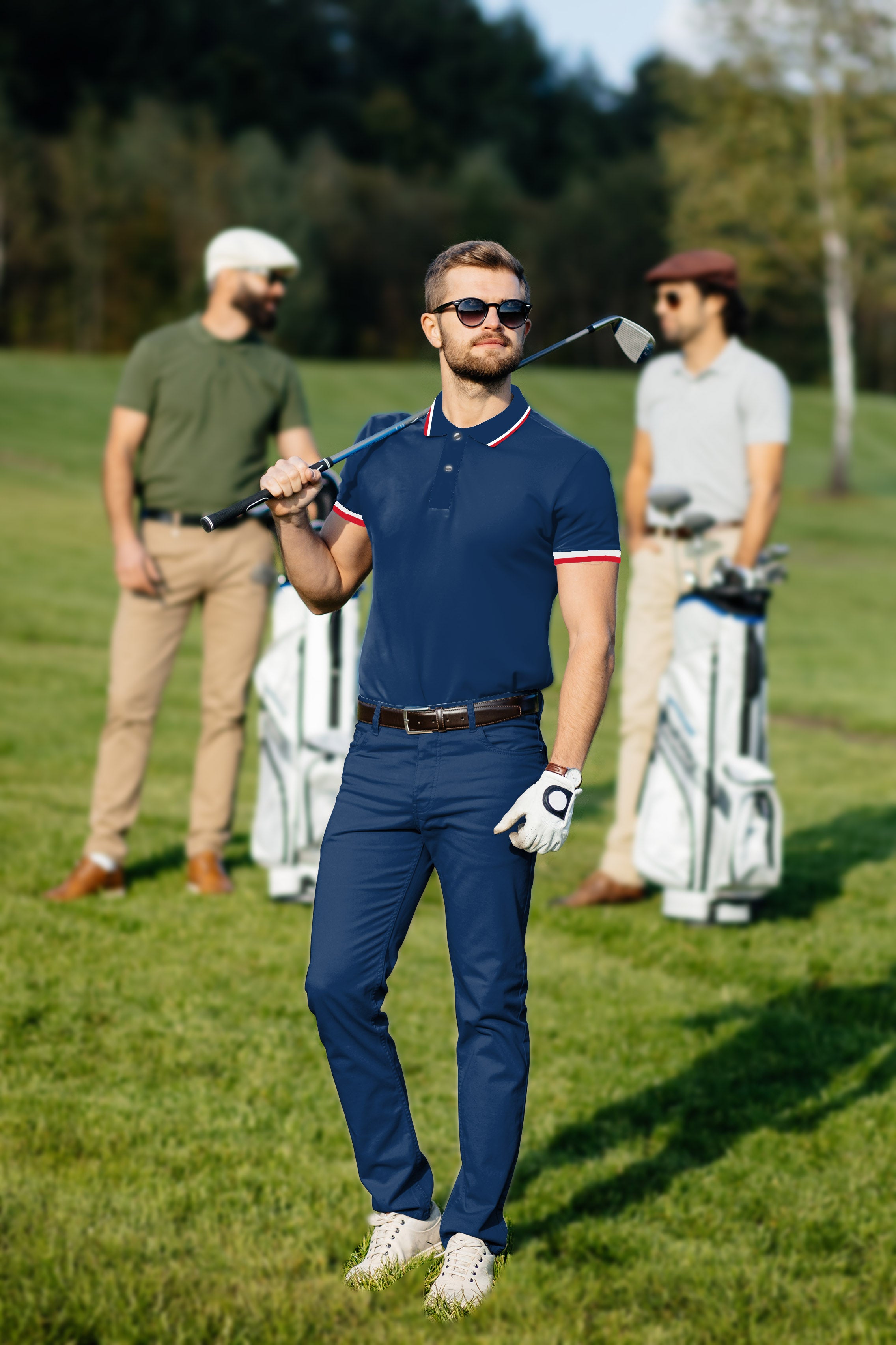 Men's Golf Set Polo+Pants Navy Red White Stripe Series