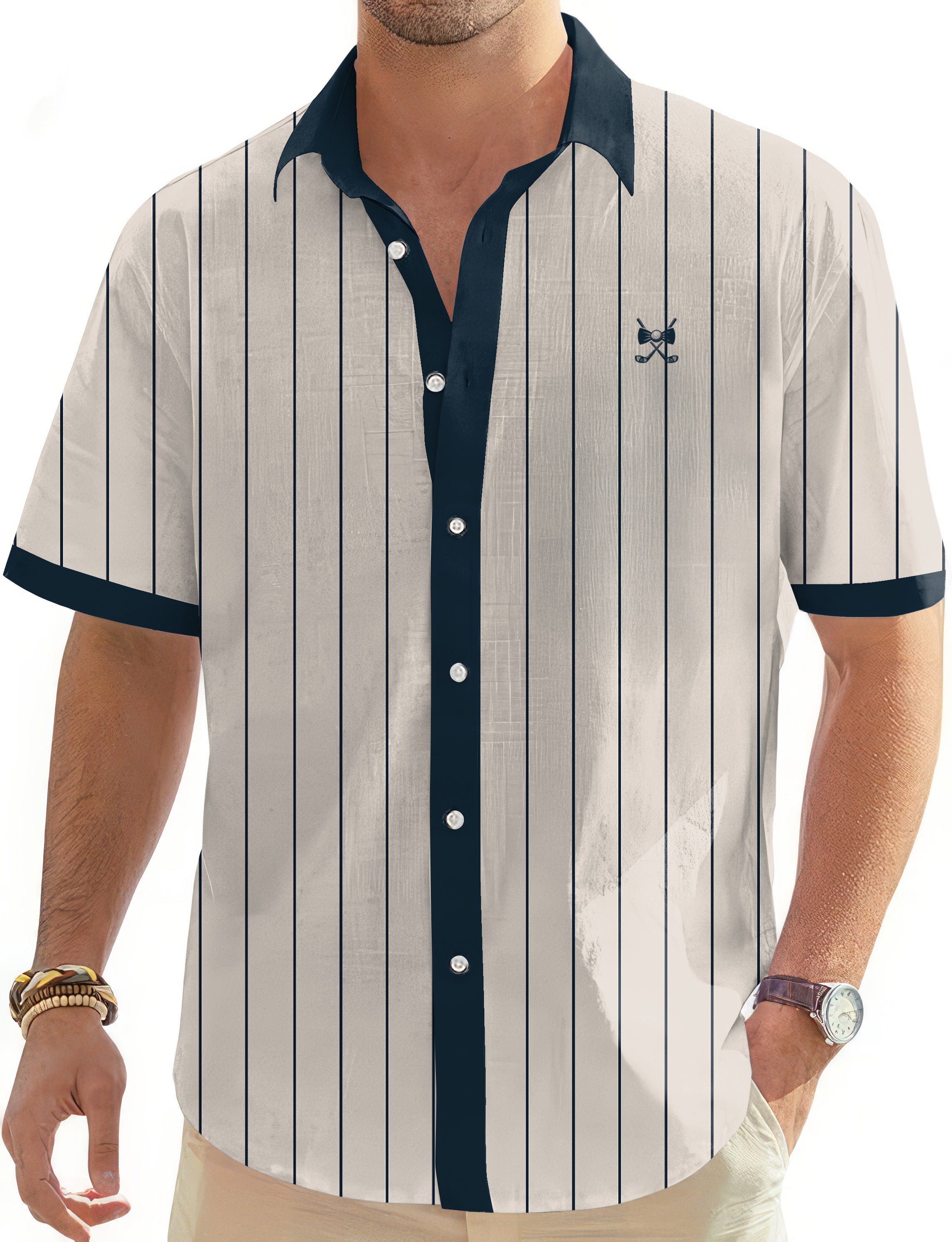 Bullpen Navy Black Men's Golf Hawaiian Shirts Button Down Shirt