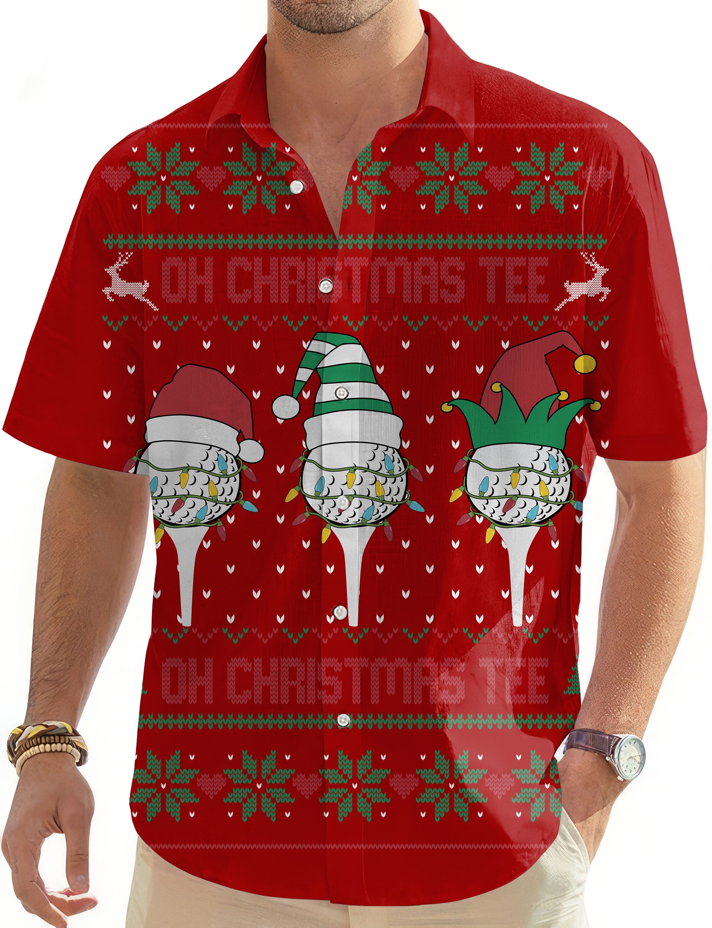 Men's Red-Christmas Custom face Hawaiian golf shirt with festive holiday design and button-down collar