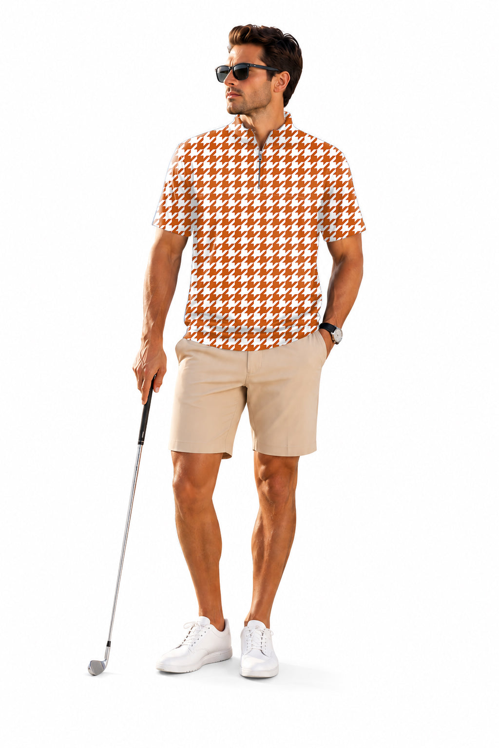 Men's Short Sleeve Quarter Zip Golf Pullover Halloween yellow and white houndstooth