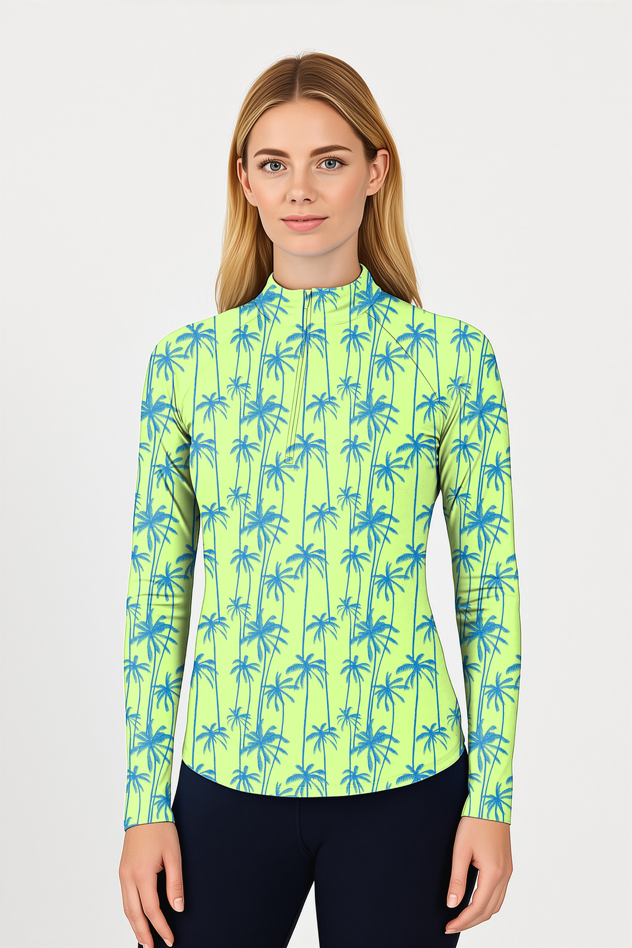 Green And Blue Coconut Trees Women's Golf Active 3/4 Zip Top Long Sleeves