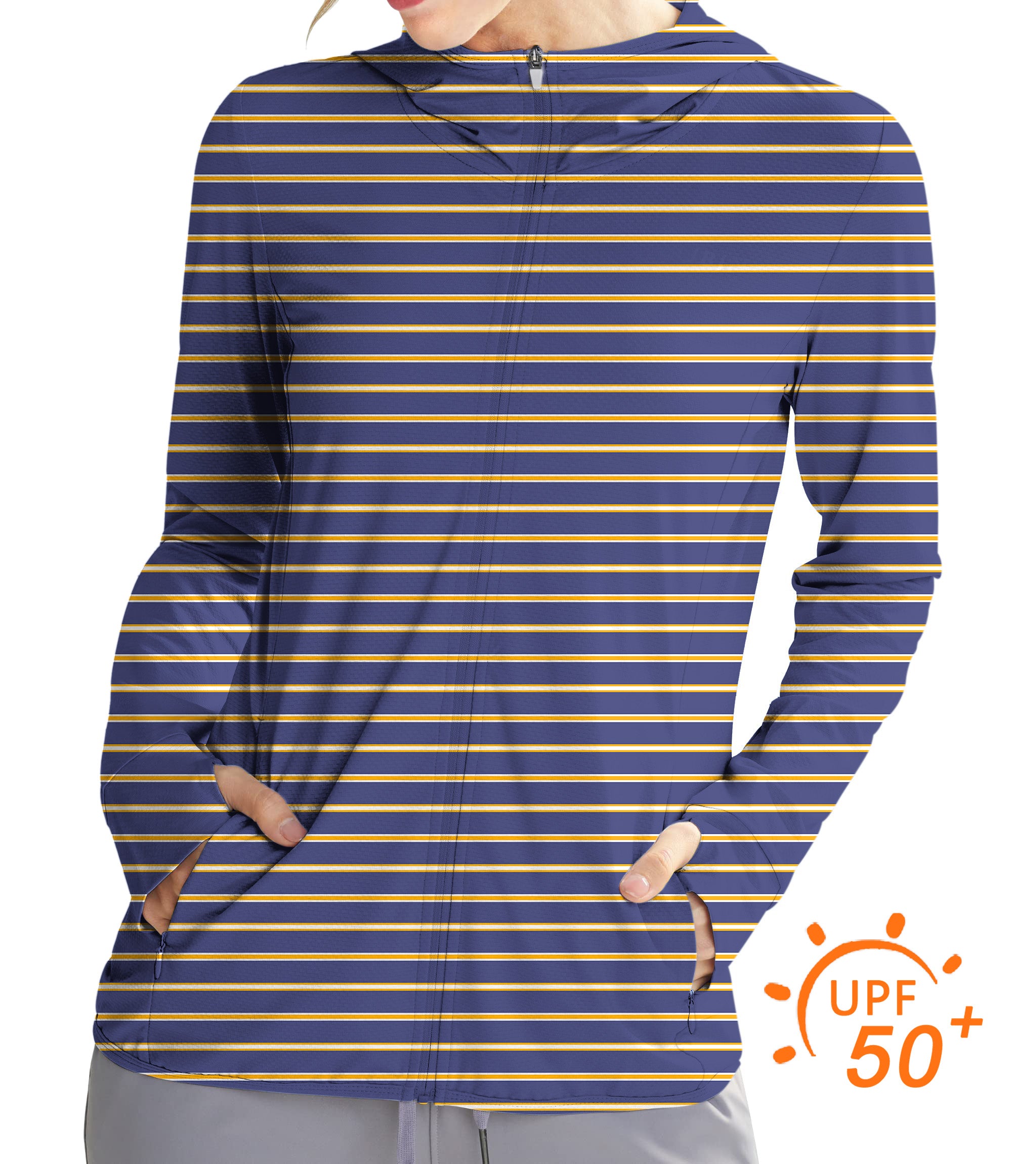 Women's Outdoor Navy blue and orange stripes Golf Sun Protection Slim Fit zip hoodies limited edition