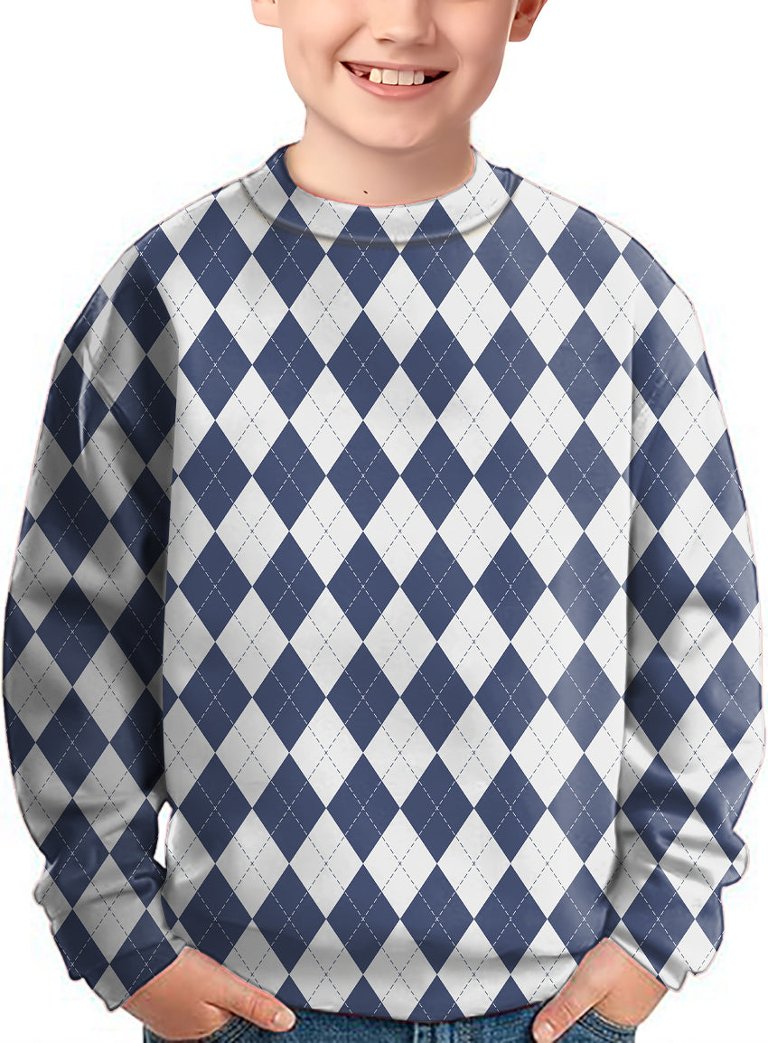 Blue diamond grid Crewneck Pullover Kids Ugly Sweater