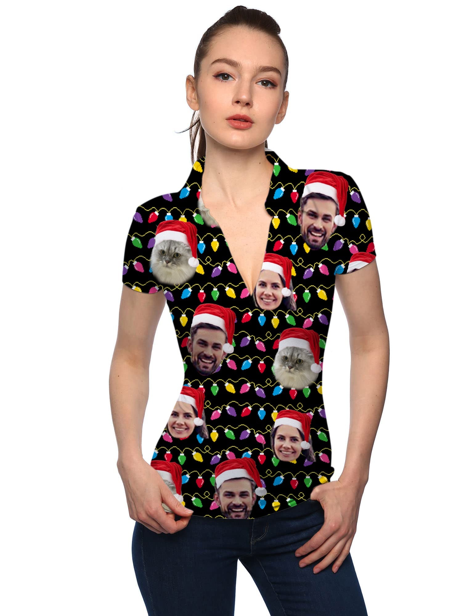 Women's custom face Christmas V neck golf polo shirt with festive Santa hats and colorful lights pattern