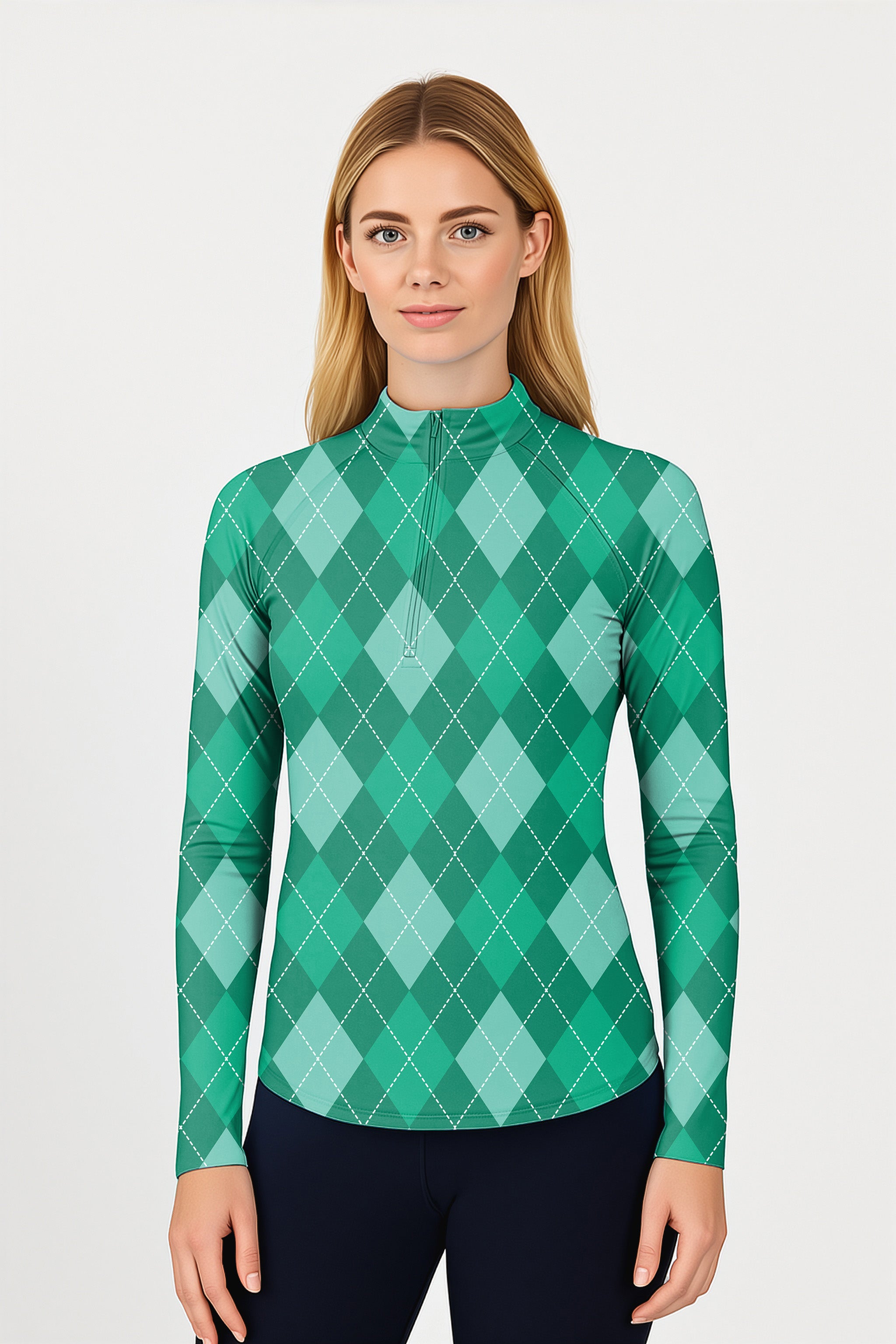 Green Argyle  Women's Golf Active 3/4 Zip Top