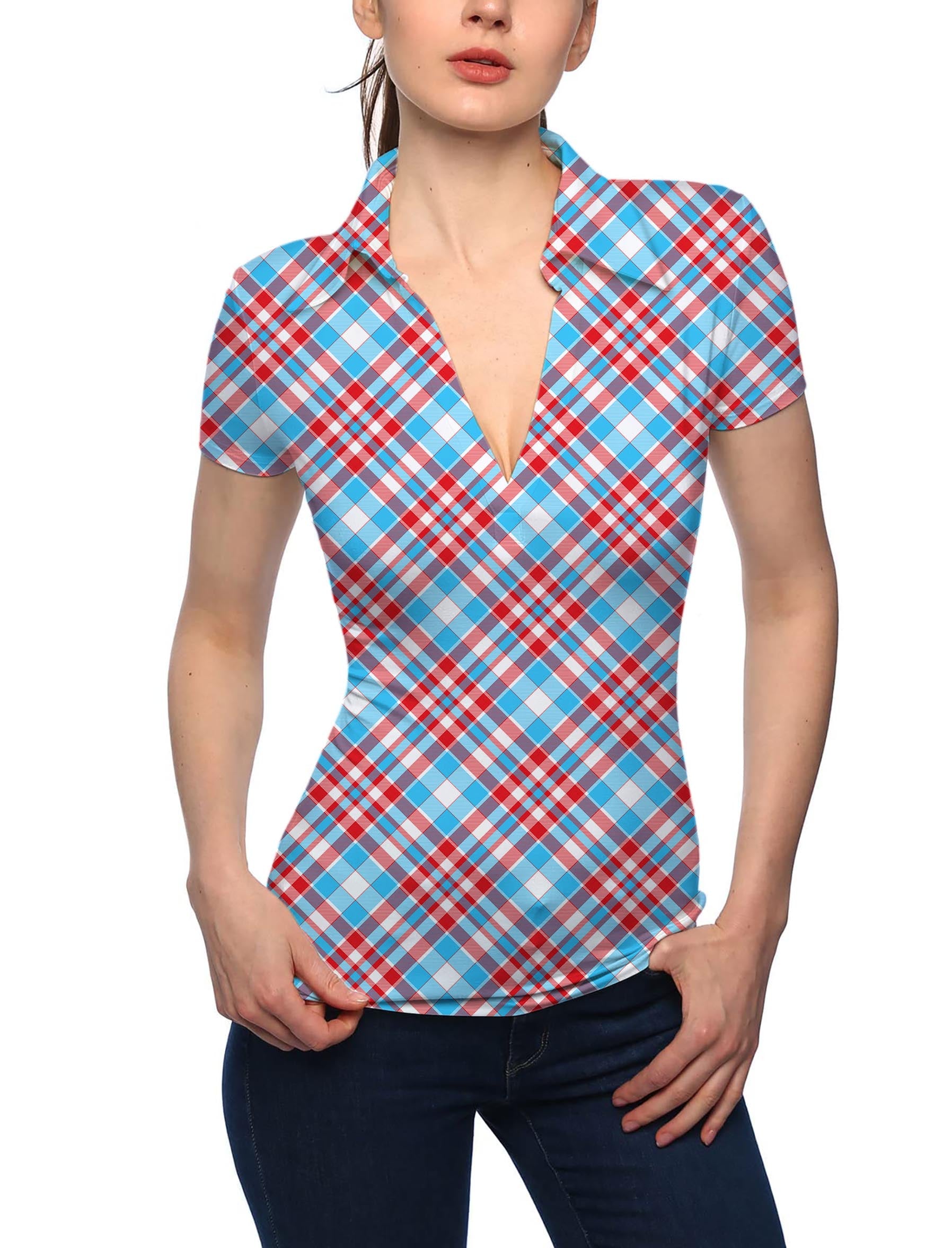 Women's Argyle red blue V Neck Golf Polo